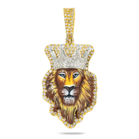 14K GOLD DIAMOND COLORED LION HEAD WITH CROWN PENDANT 1.65 CT