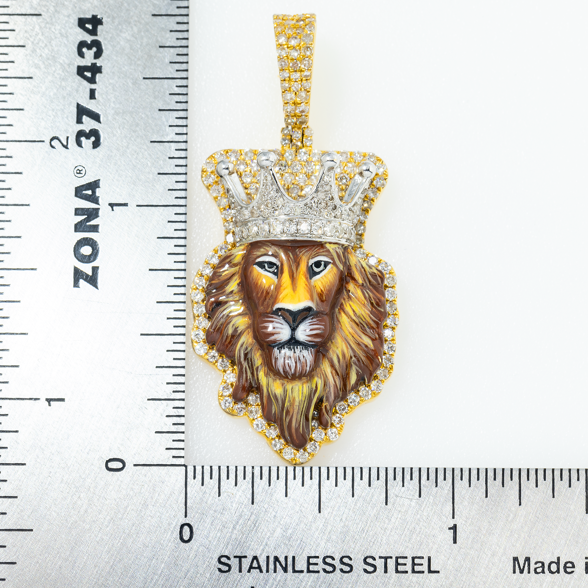 14K GOLD DIAMOND COLORED LION HEAD WITH CROWN PENDANT 1.65 CT