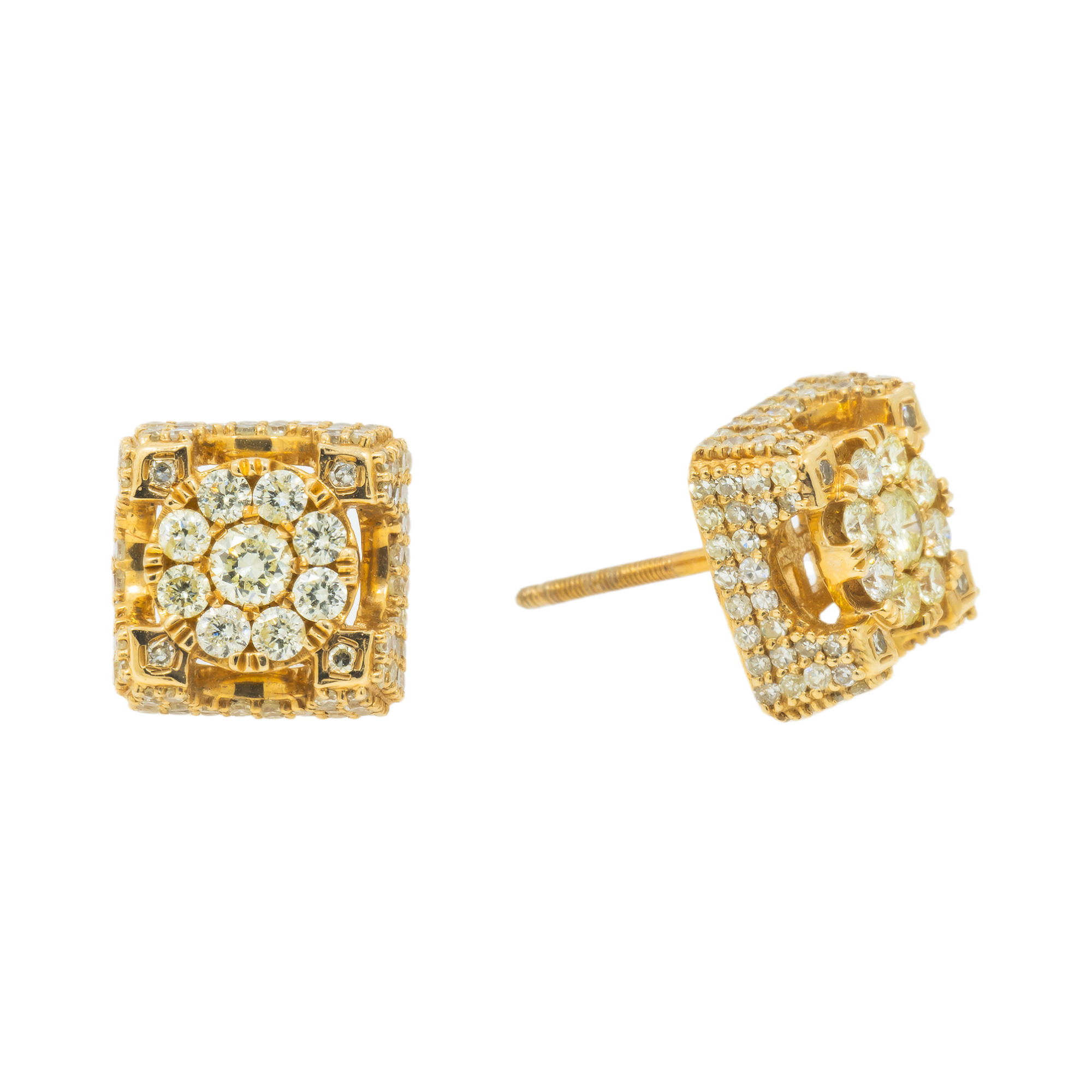 14K GOLD ROUND DIAMOND SQUARE SHAPE EARRINGS 1.30 CTW