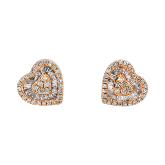 14K GOLD BAGUETTE AND ROUND DIAMOND HEART EARRINGS 0.55 CTW