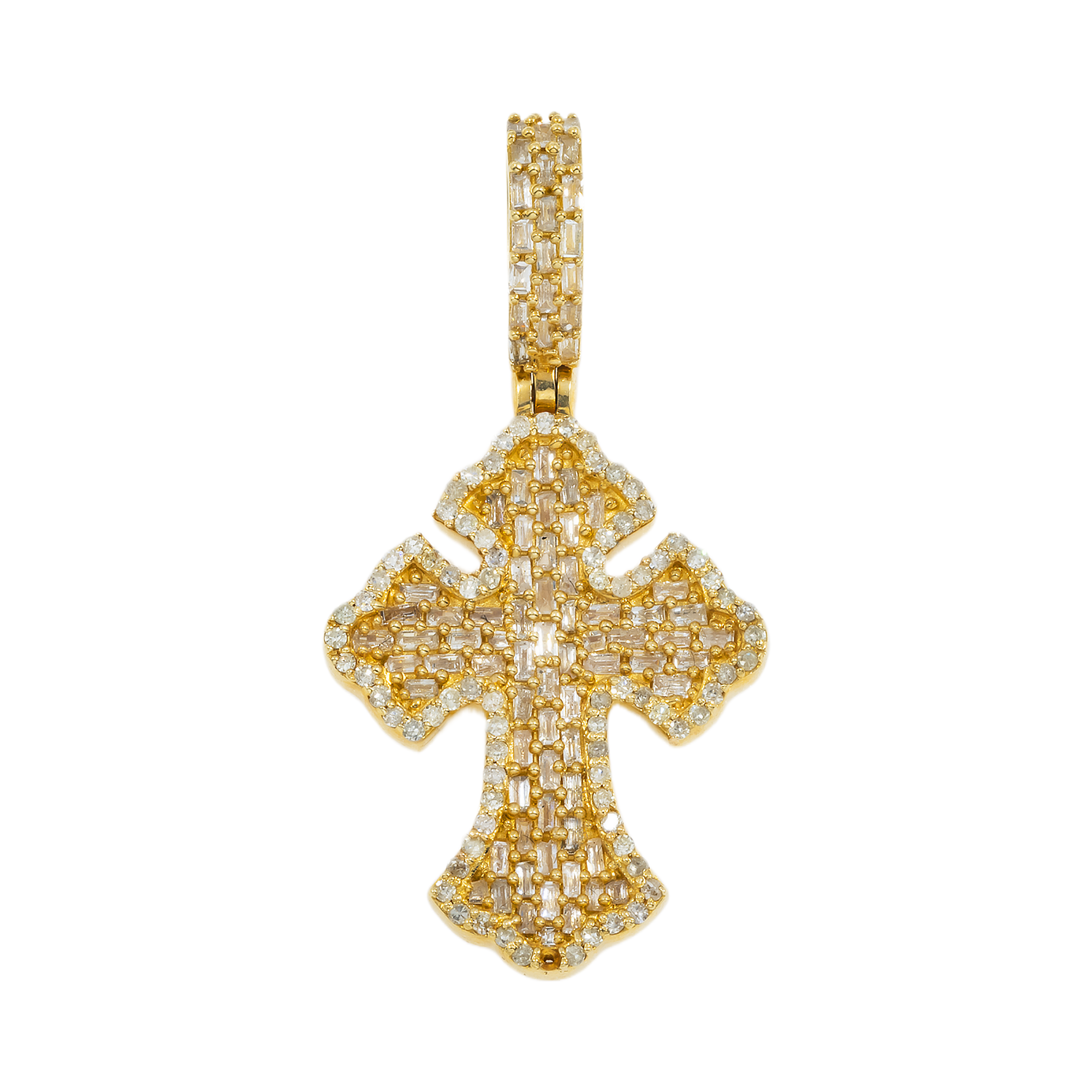 14K GOLD BAGUETTE AND ROUND DIAMOND FLEUR DE LIS CROSS PENDANT 0.88 CT