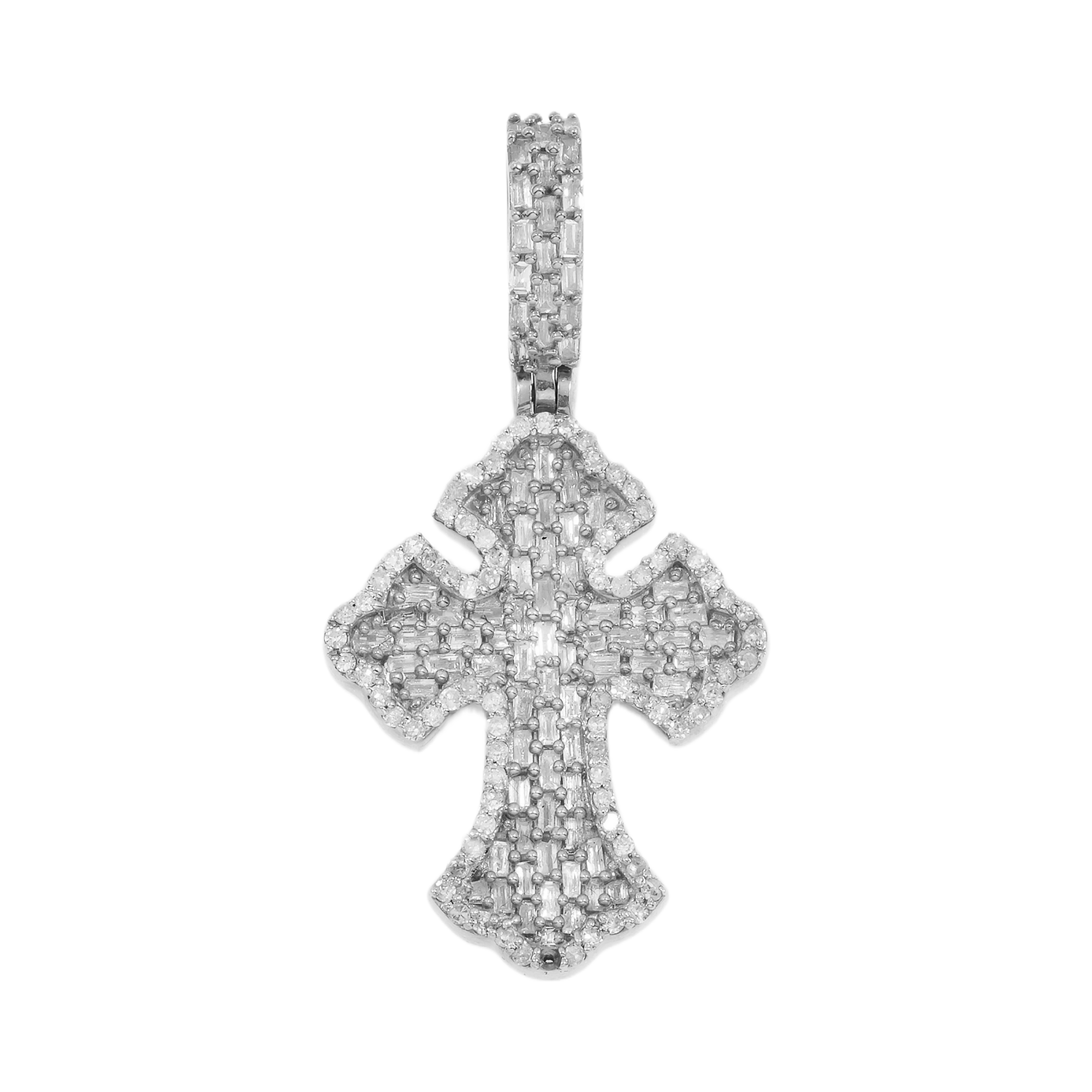 14K GOLD BAGUETTE AND ROUND DIAMOND FLEUR DE LIS CROSS PENDANT 0.88 CT