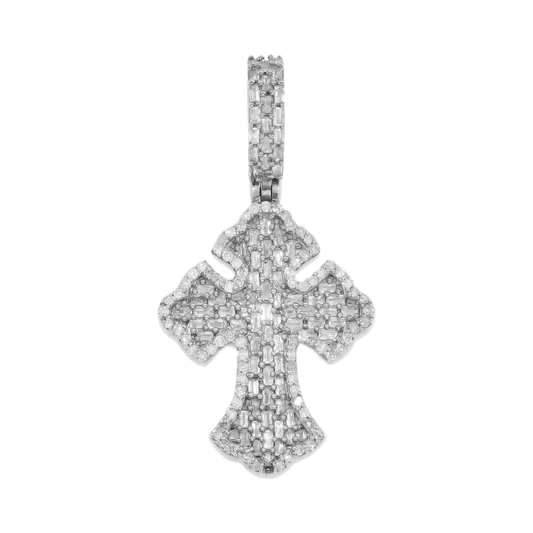 14K GOLD BAGUETTE AND ROUND DIAMOND FLEUR DE LIS CROSS PENDANT 0.88 CT