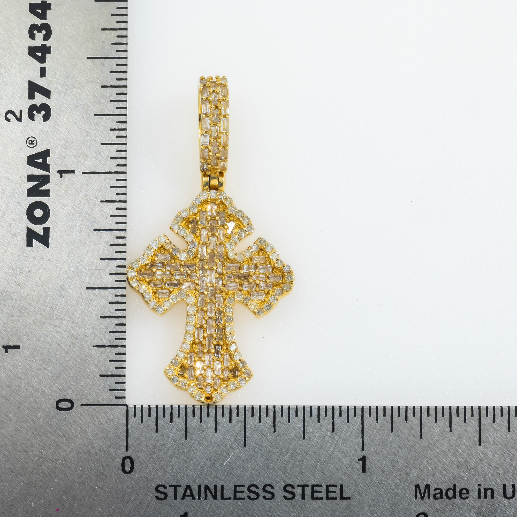 14K GOLD BAGUETTE AND ROUND DIAMOND FLEUR DE LIS CROSS PENDANT 0.88 CT