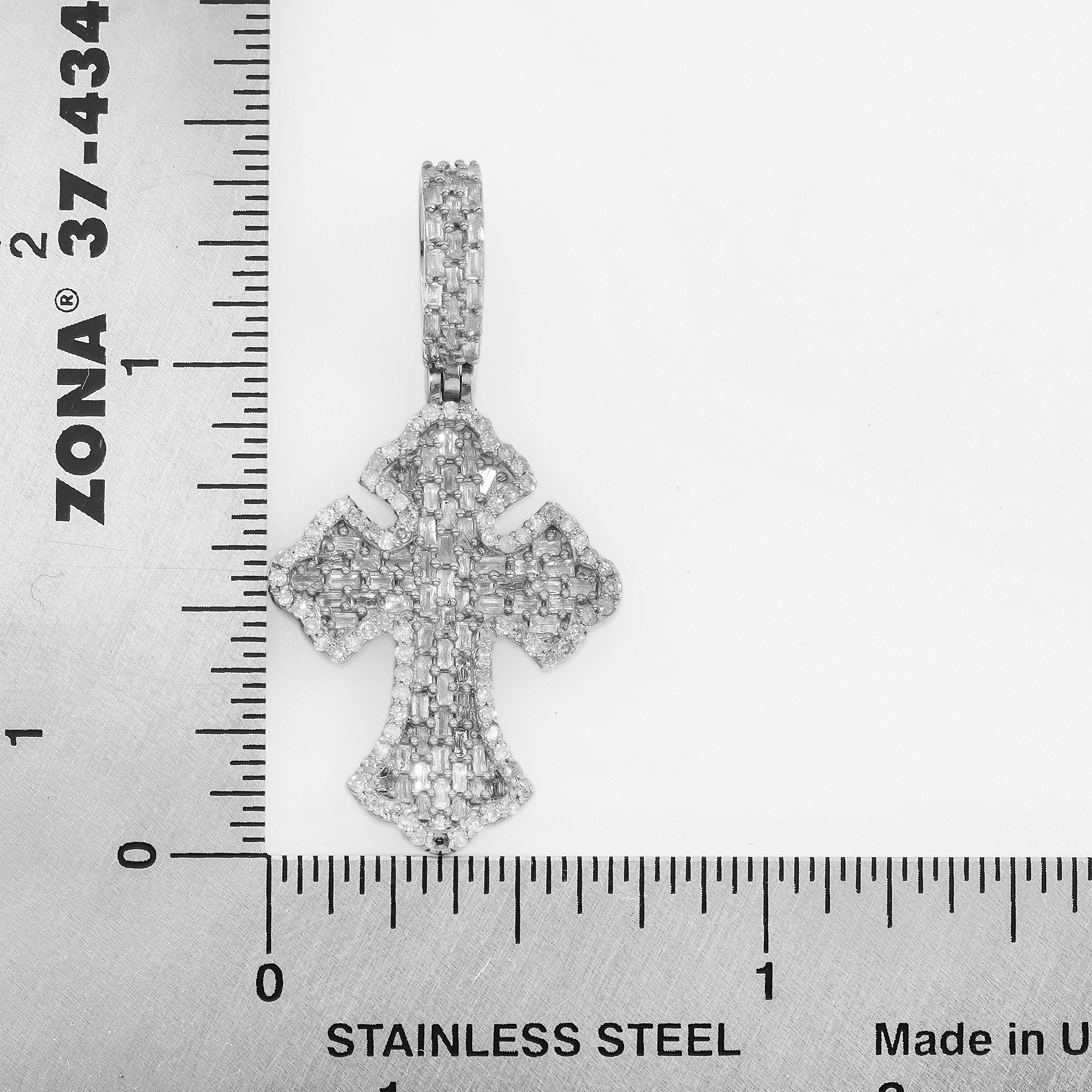 14K GOLD BAGUETTE AND ROUND DIAMOND FLEUR DE LIS CROSS PENDANT 0.88 CT