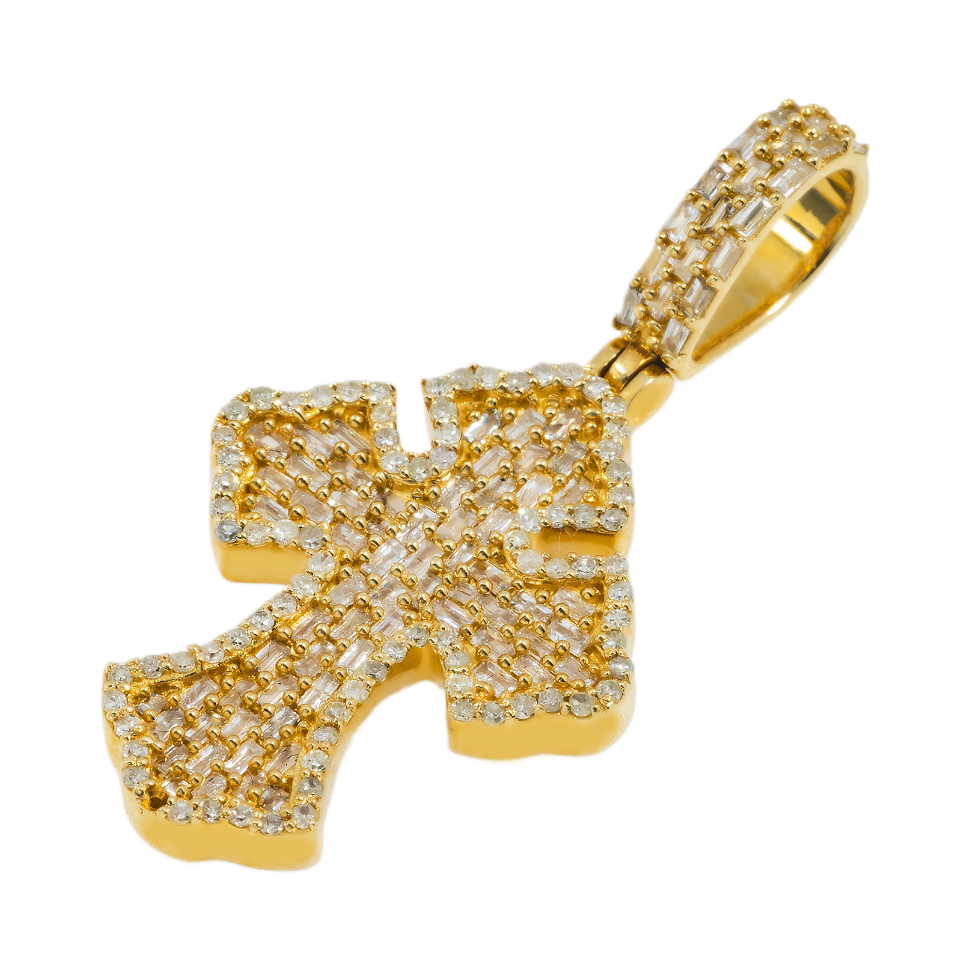 14K GOLD BAGUETTE AND ROUND DIAMOND FLEUR DE LIS CROSS PENDANT 0.88 CT