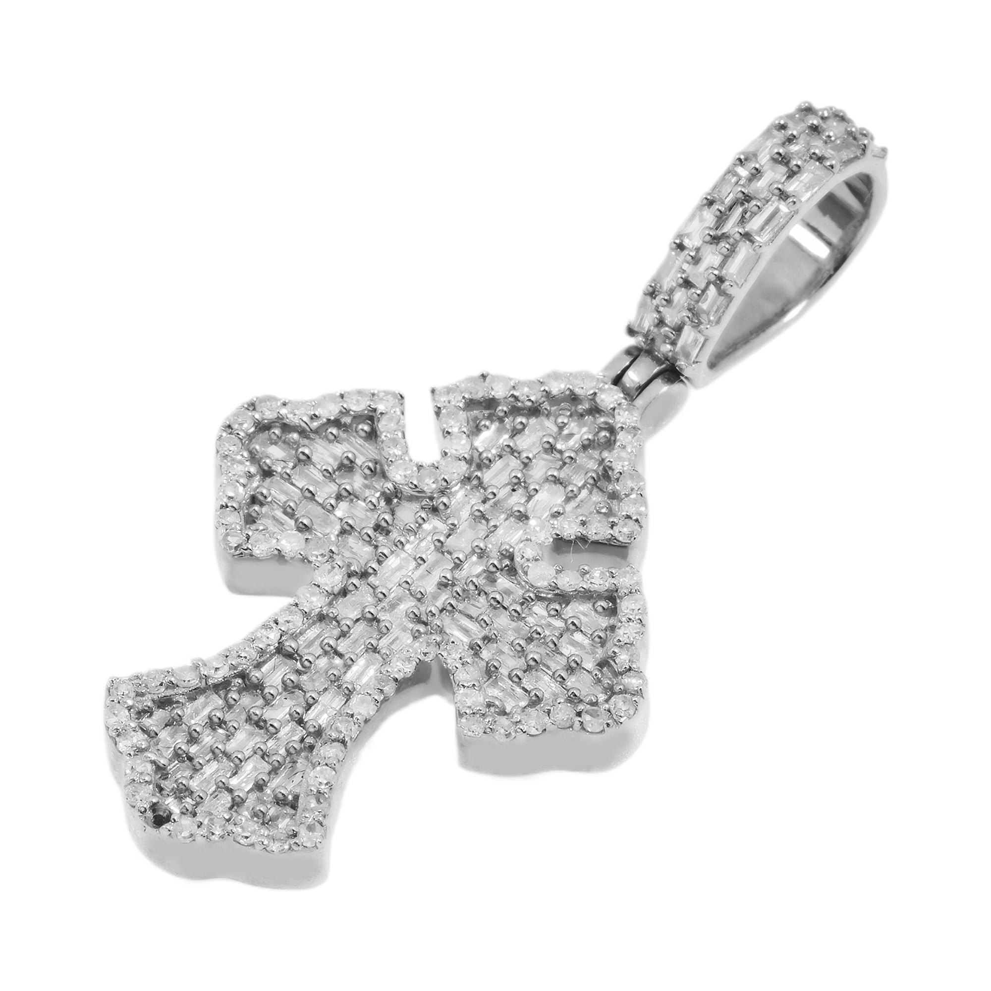 14K GOLD BAGUETTE AND ROUND DIAMOND FLEUR DE LIS CROSS PENDANT 0.88 CT