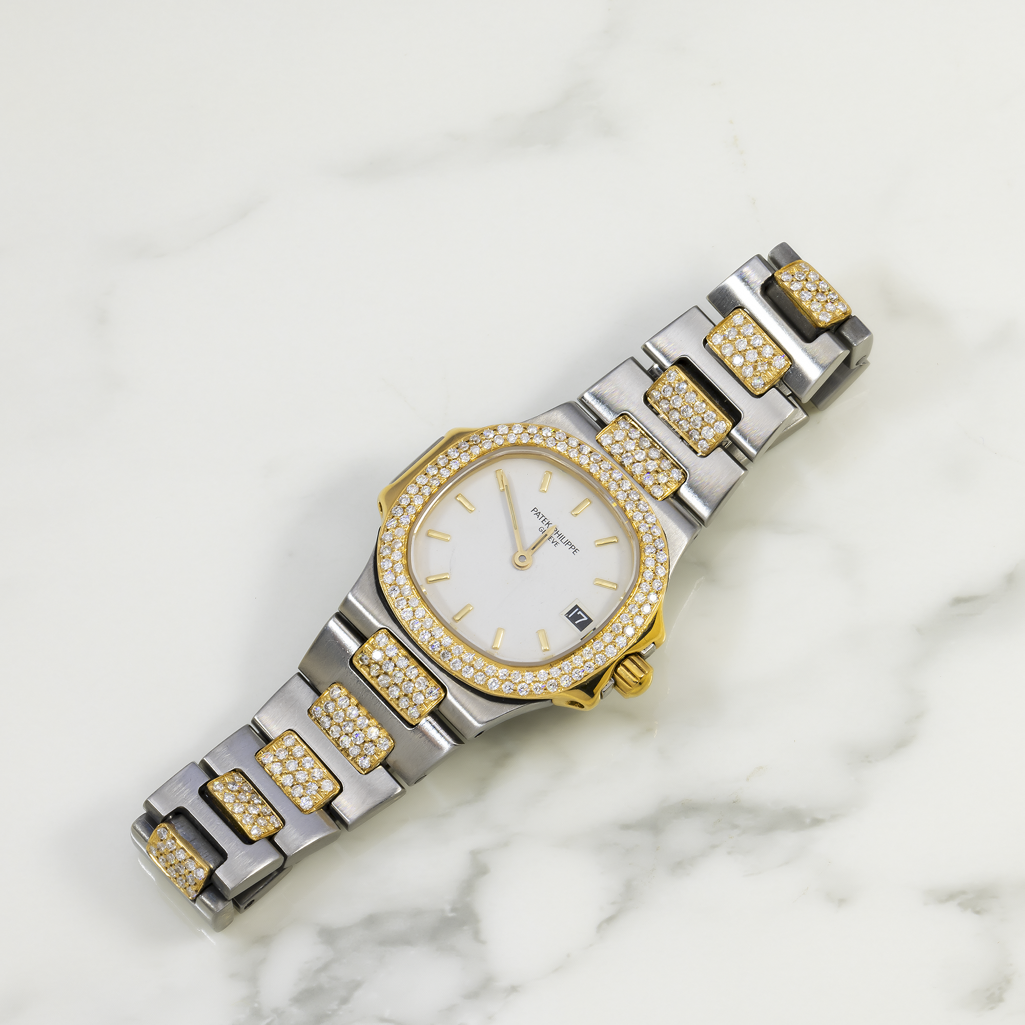 Patek Philippe Nautilus 30MM White Dial With Two Tone Semi Diamond Bracelet And Diamond Bezel