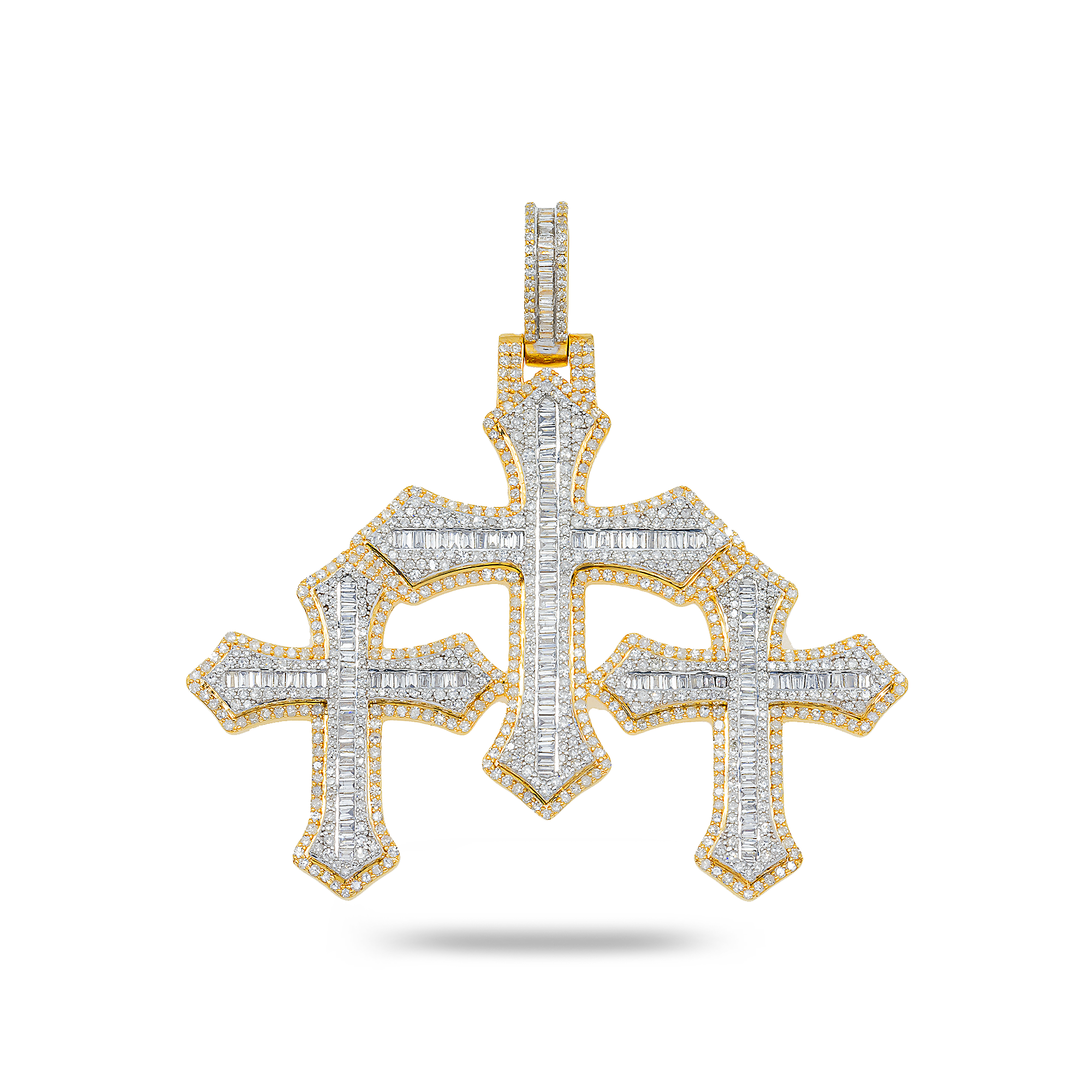 10K GOLD BAGUETTE AND ROUND DIAMOND TRIPLE CROSSES PENDANT 2.52 CT