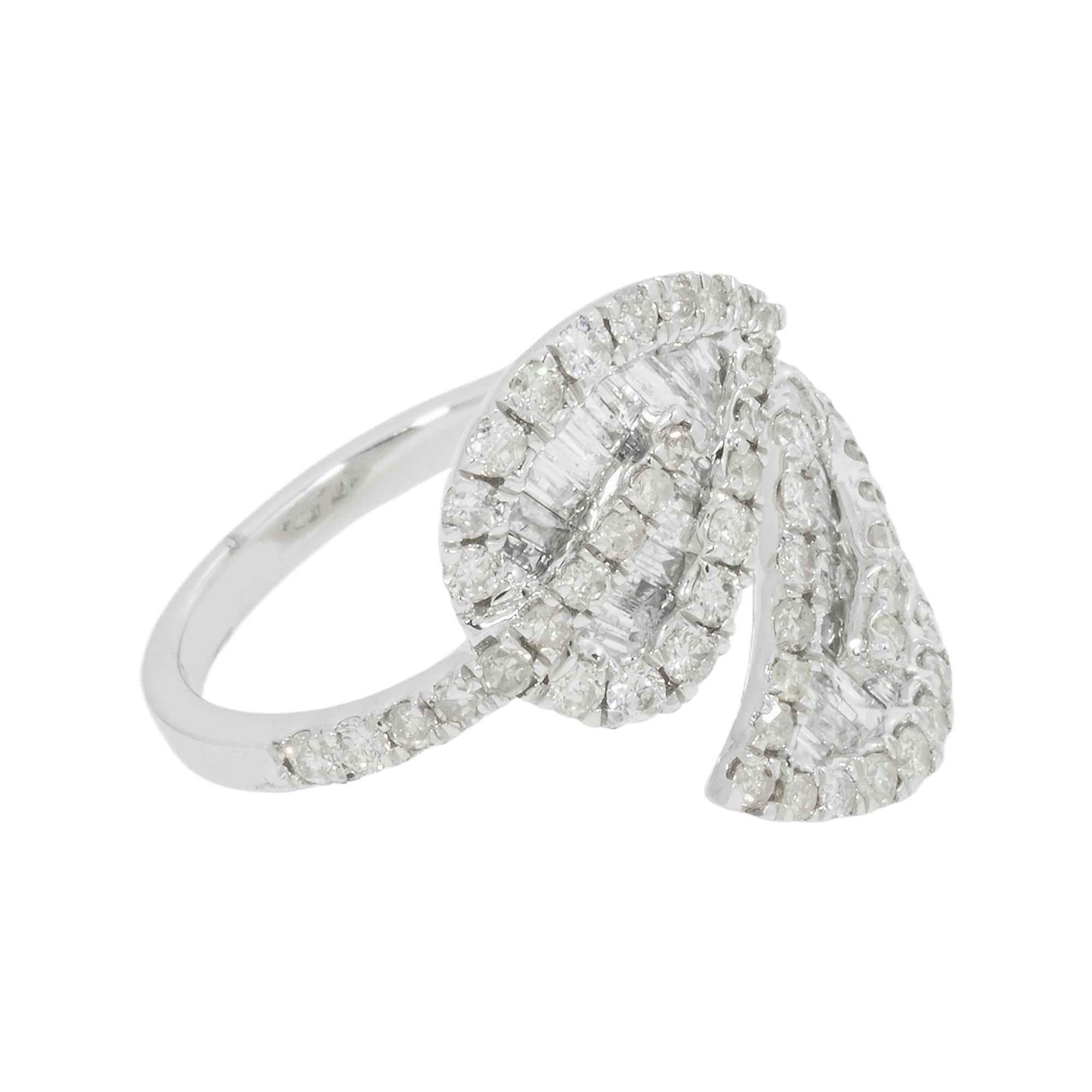 10K GOLD ROUND AND BAGUETTE DIAMOND LEAF BYPASS RING 1.55 CT