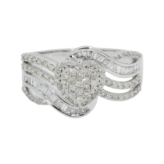 14K GOLD ROUND AND BAGUETTE DIAMOND HEART MULTIROW RING 0.80 CT