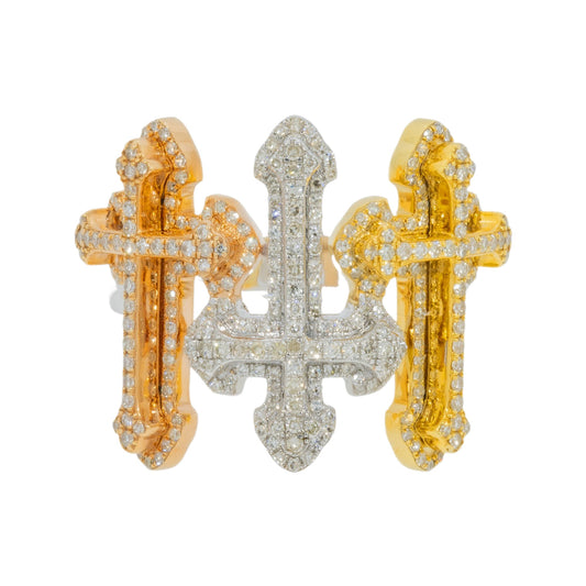 10K GOLD TRICOLOR DIAMOND TRIPLE CROSSES RING 1.29 CT