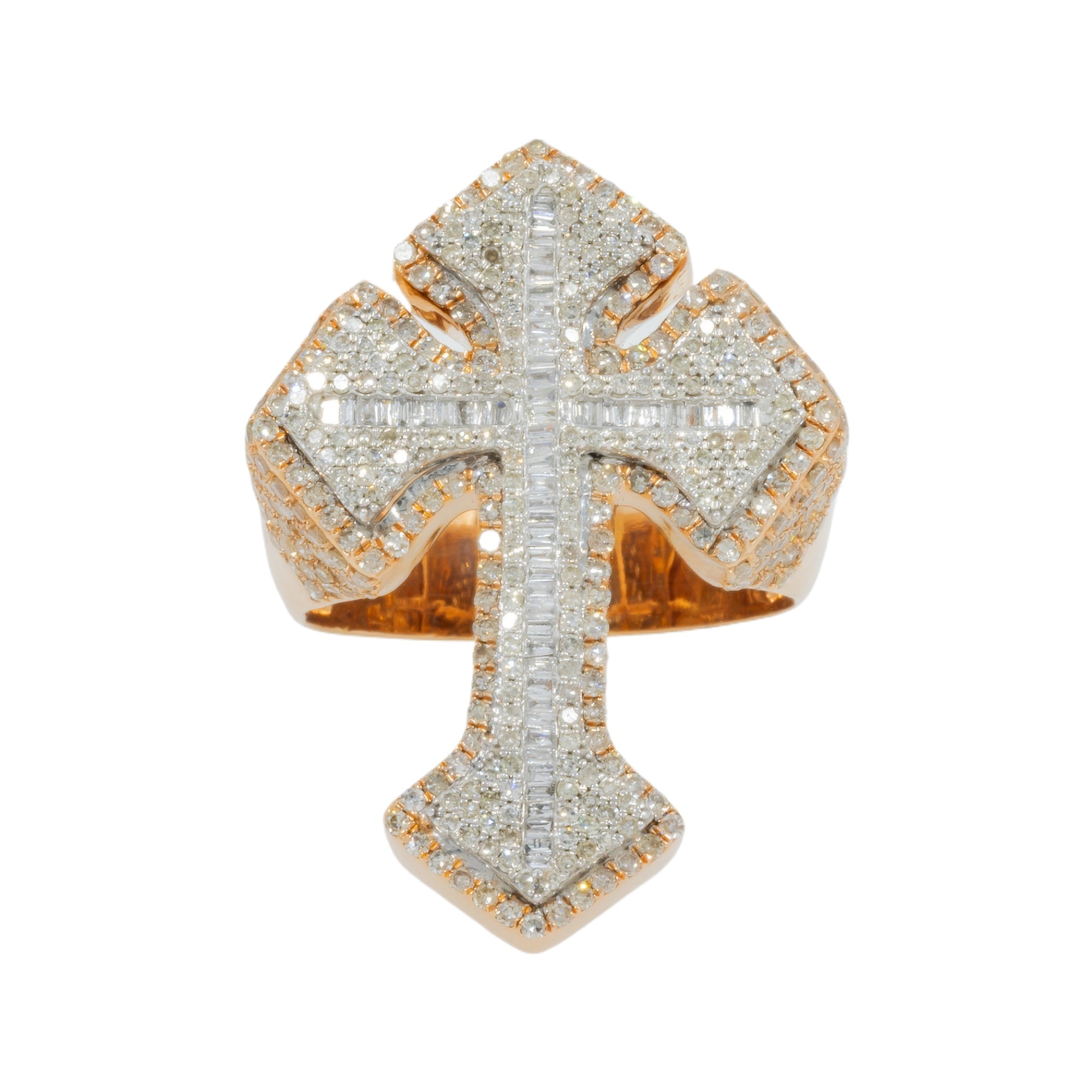 10K GOLD BAGUETTE AND ROUND DIAMOND CROSS STATEMENT RING 2.84 CT