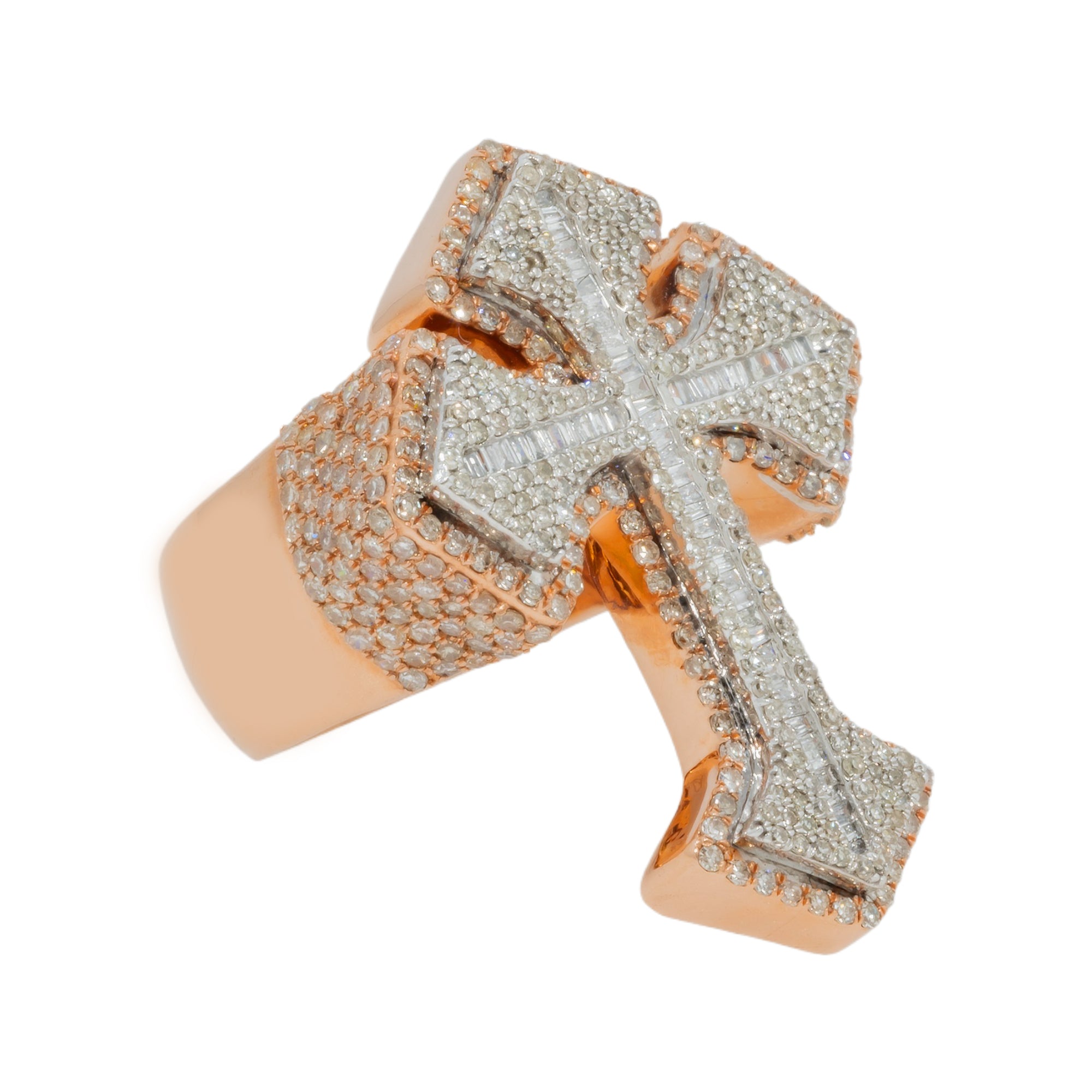 10K GOLD BAGUETTE AND ROUND DIAMOND CROSS STATEMENT RING 2.84 CT
