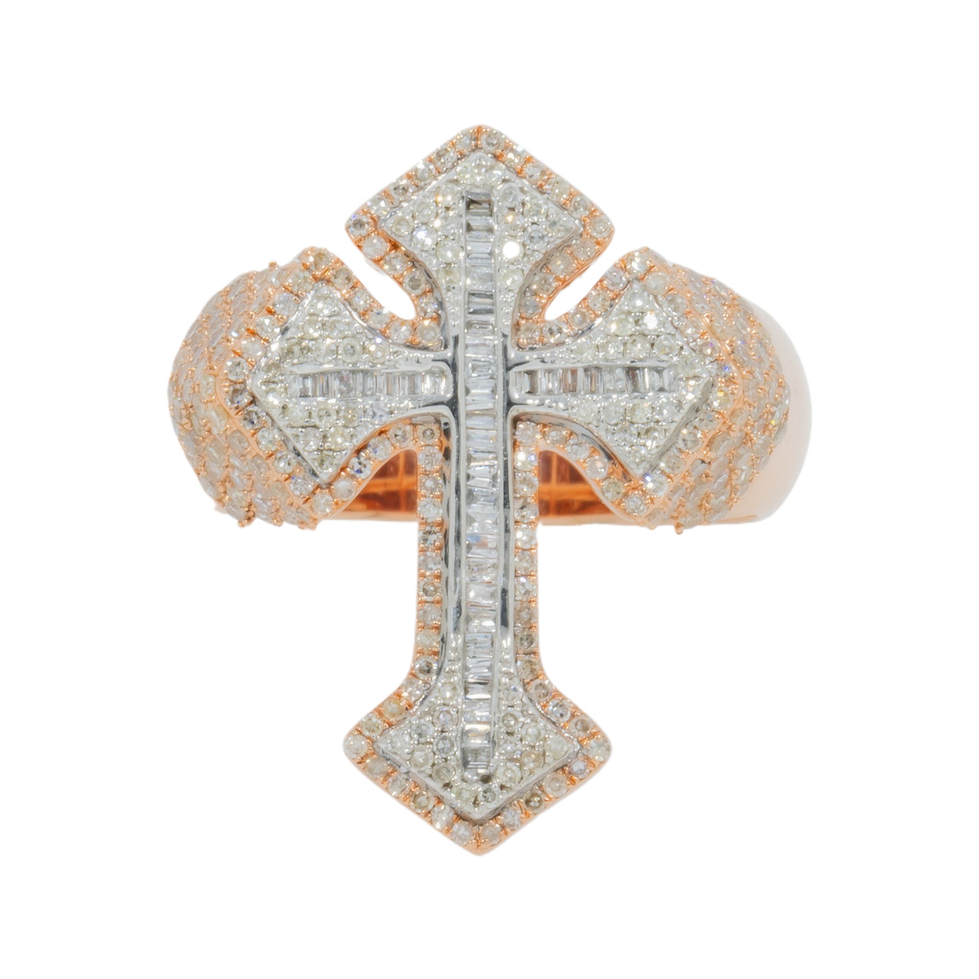 10K GOLD BAGUETTE AND ROUND DIAMOND CROSS STATEMENT RING 1.30 CT