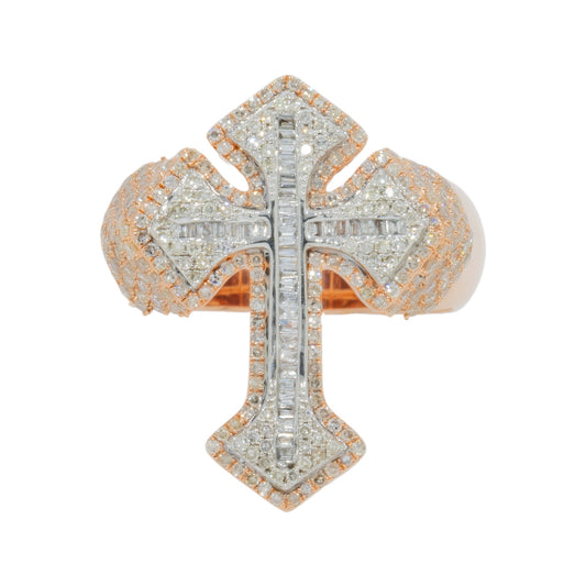10K GOLD BAGUETTE AND ROUND DIAMOND CROSS STATEMENT RING 1.30 CT