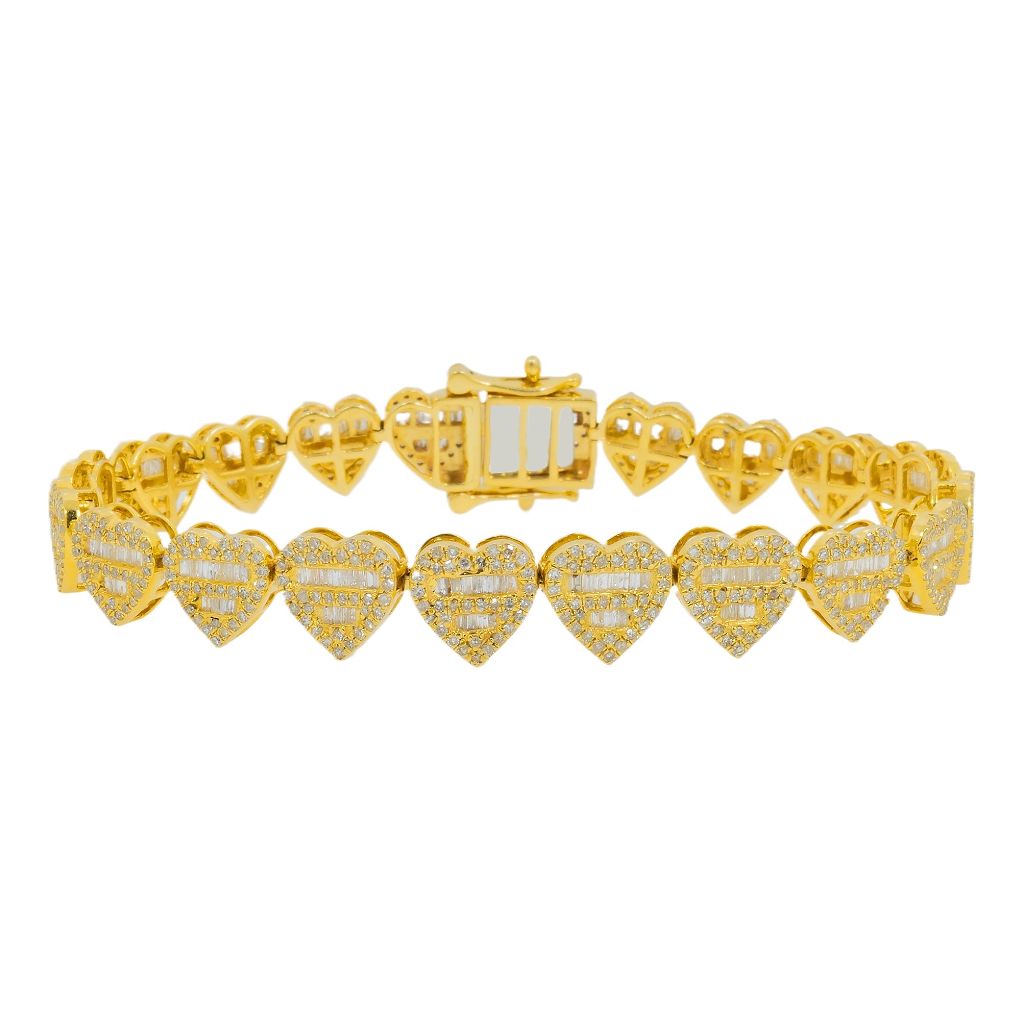 10K GOLD BAGUETTE AND ROUND DIAMOND HEART CHAIN BRACELET 3.73 CT