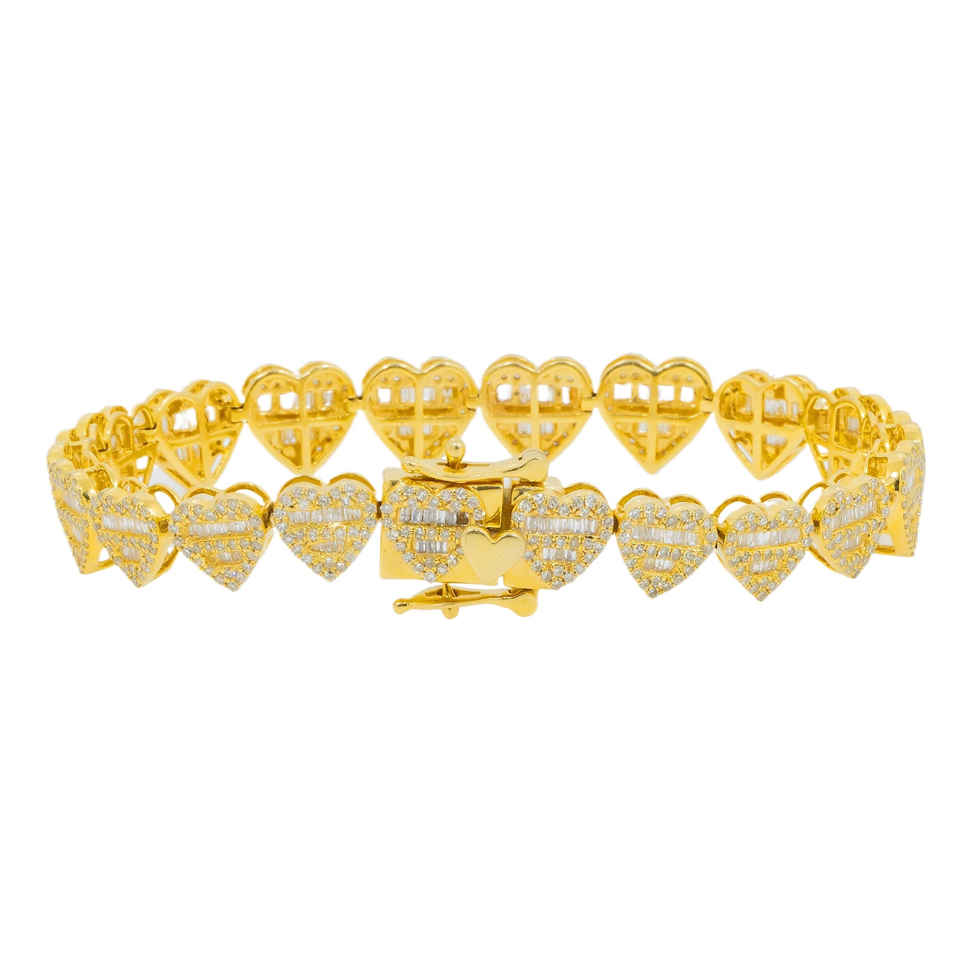 10K GOLD BAGUETTE AND ROUND DIAMOND HEART CHAIN BRACELET 3.73 CT