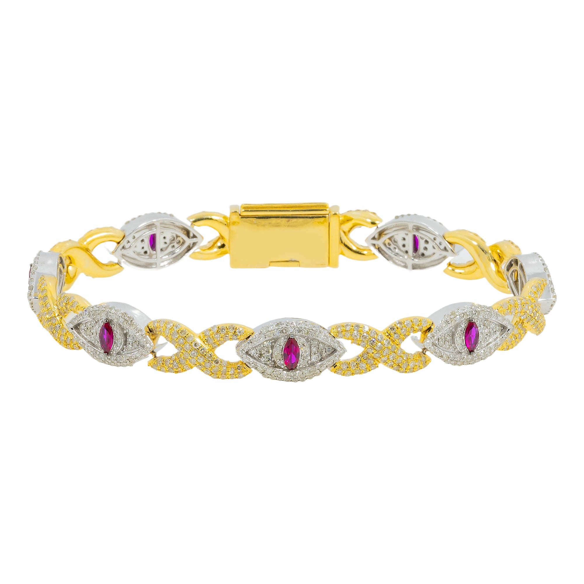 10K GOLD TWO TONE DIAMOND & PURPLE GEMSTONE EVIL EYE INFINITY CHAIN BRACELET 7.46 CT