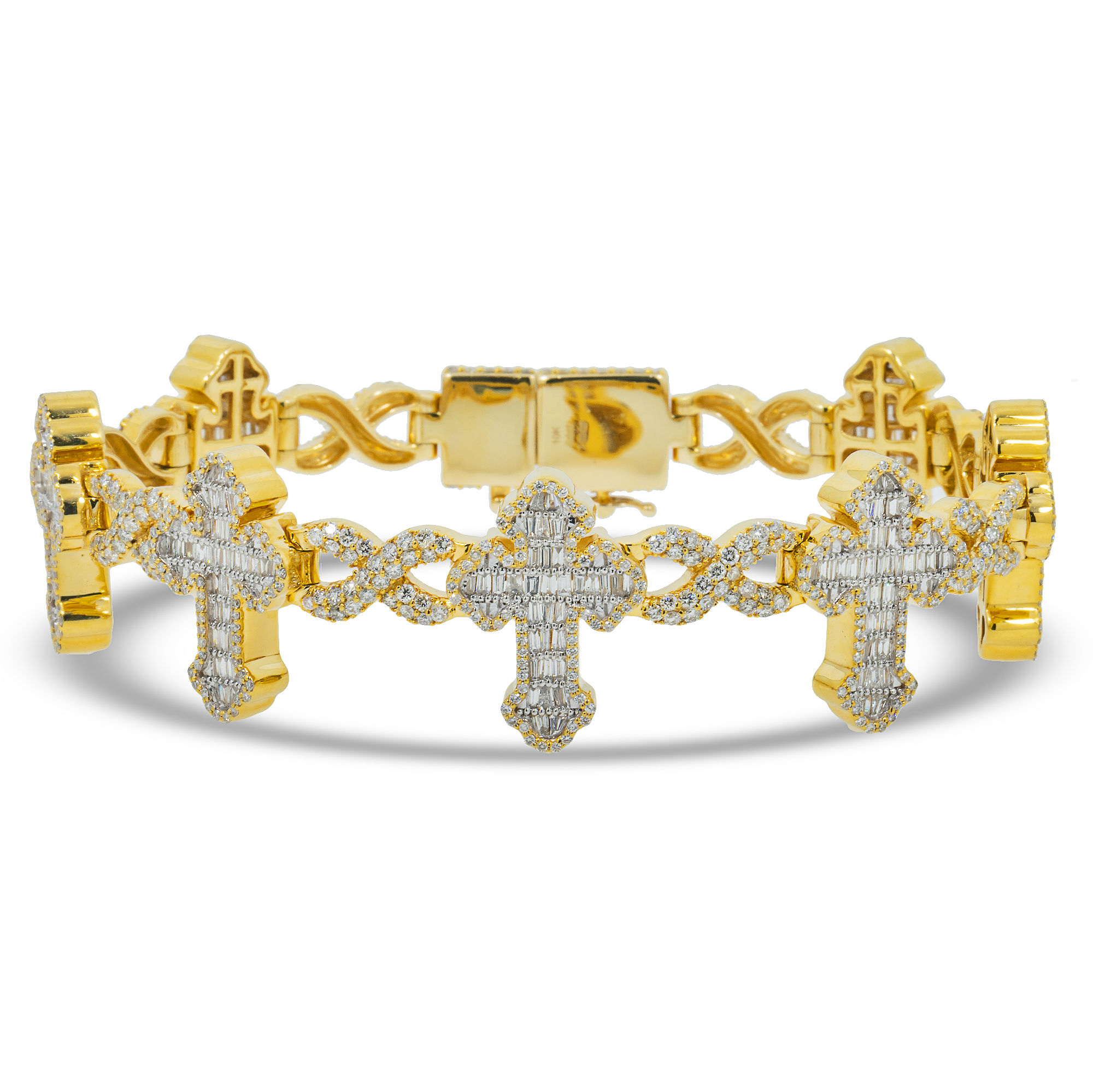 10K GOLD BAGUETTE AND ROUND DIAMONDS CROSS INFINITY CHAIN BRACELET 7.55 CT