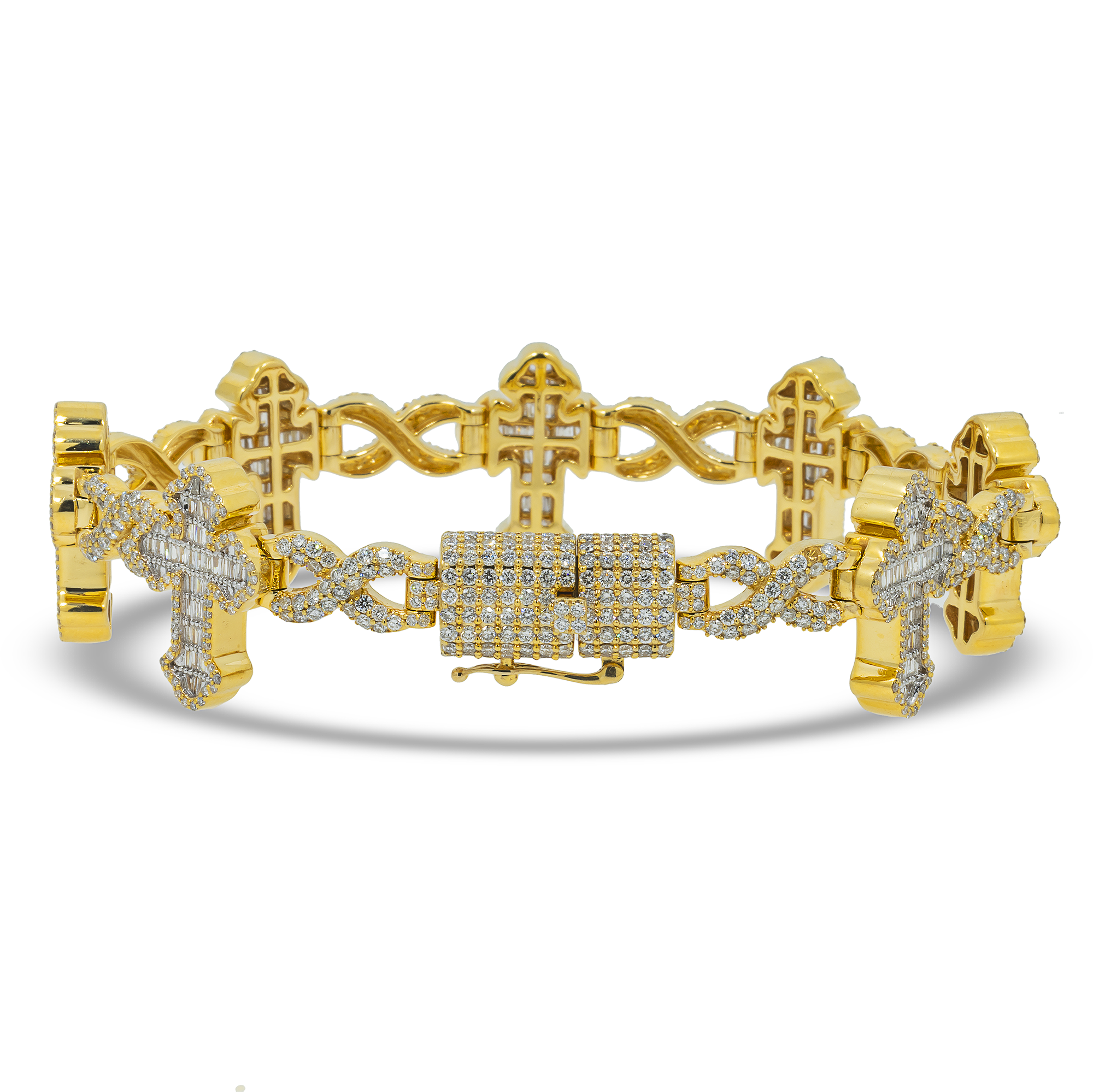 10K GOLD BAGUETTE AND ROUND DIAMONDS CROSS INFINITY CHAIN BRACELET 7.55 CT