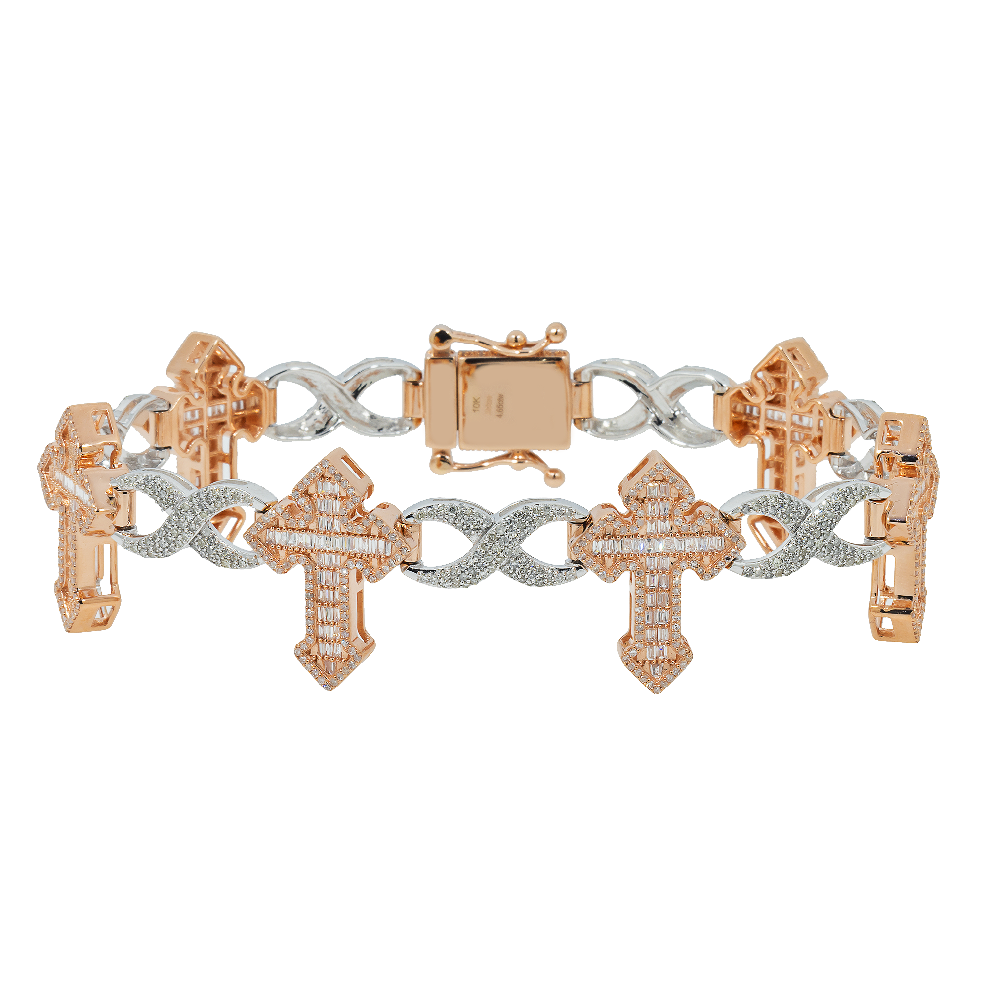 10K GOLD TWO TONE BAGUETTE AND ROUND DIAMONDS CROSS INFINITY CHAIN BRACELET 4.65 CT