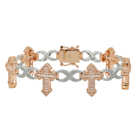 10K GOLD TWO TONE BAGUETTE AND ROUND DIAMONDS CROSS INFINITY CHAIN BRACELET 4.65 CT