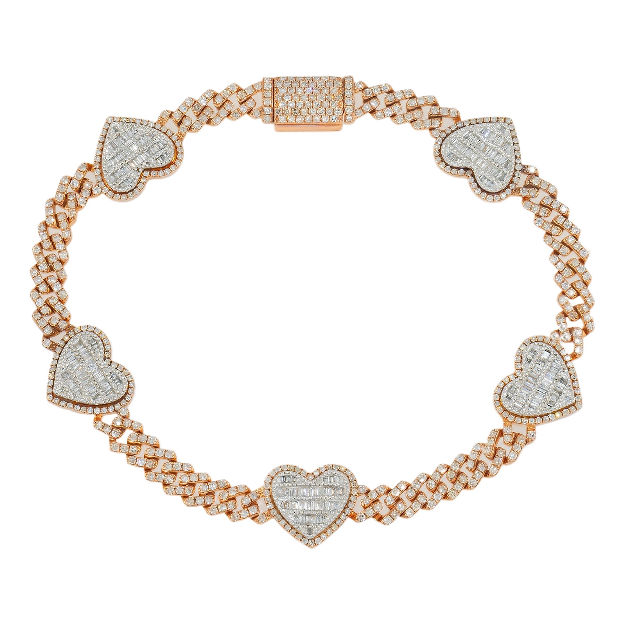 10K GOLD BAGUETTE AND ROUND DIAMONDS CUBAN HEARTS BRACELET 3.86 CT