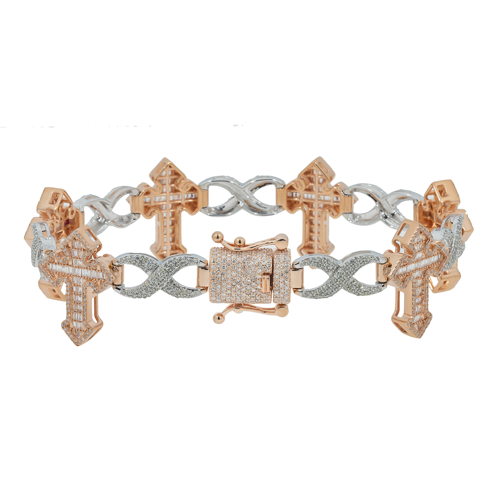 10K GOLD TWO TONE BAGUETTE AND ROUND DIAMONDS CROSS INFINITY CHAIN BRACELET 4.65 CT