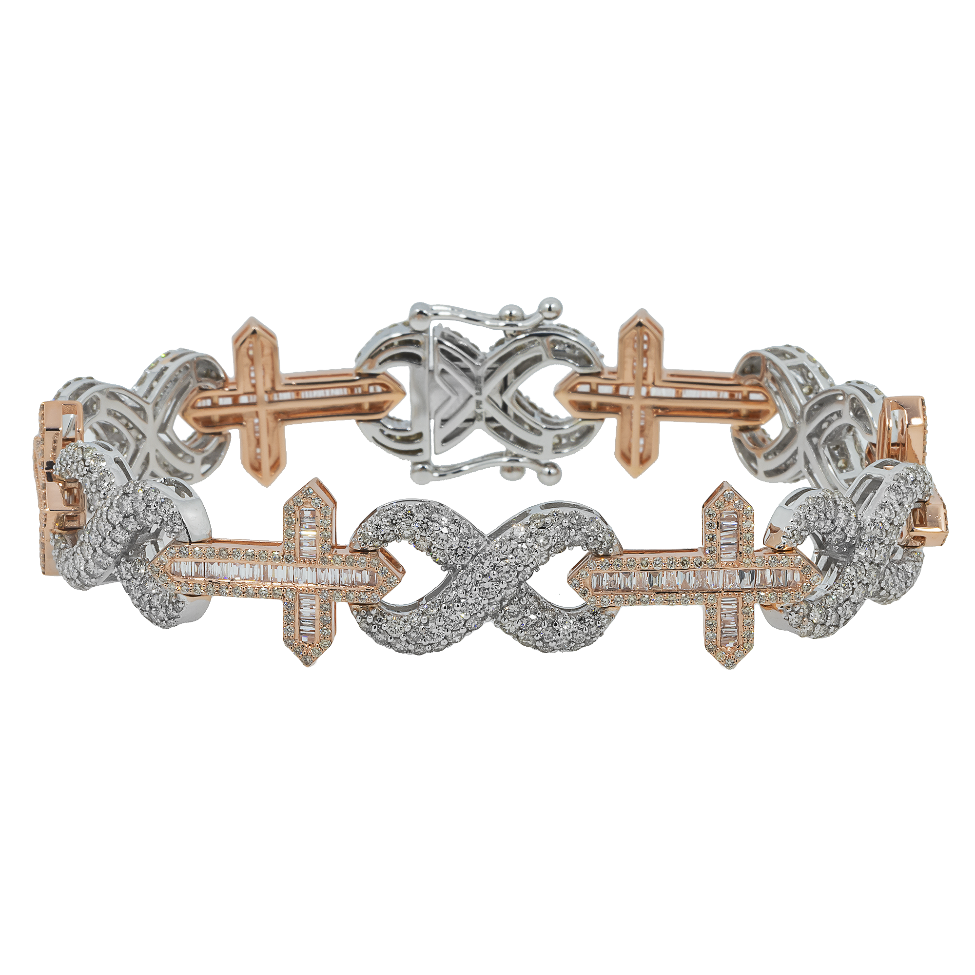 10K GOLD TWO TONE BAGUETTE AND ROUND DIAMONDS 12MM CROSS INFINITY CHAIN BRACELET 8.97 CT