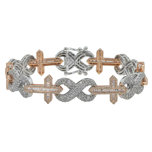 10K GOLD TWO TONE BAGUETTE AND ROUND DIAMONDS 12MM CROSS INFINITY CHAIN BRACELET 8.97 CT