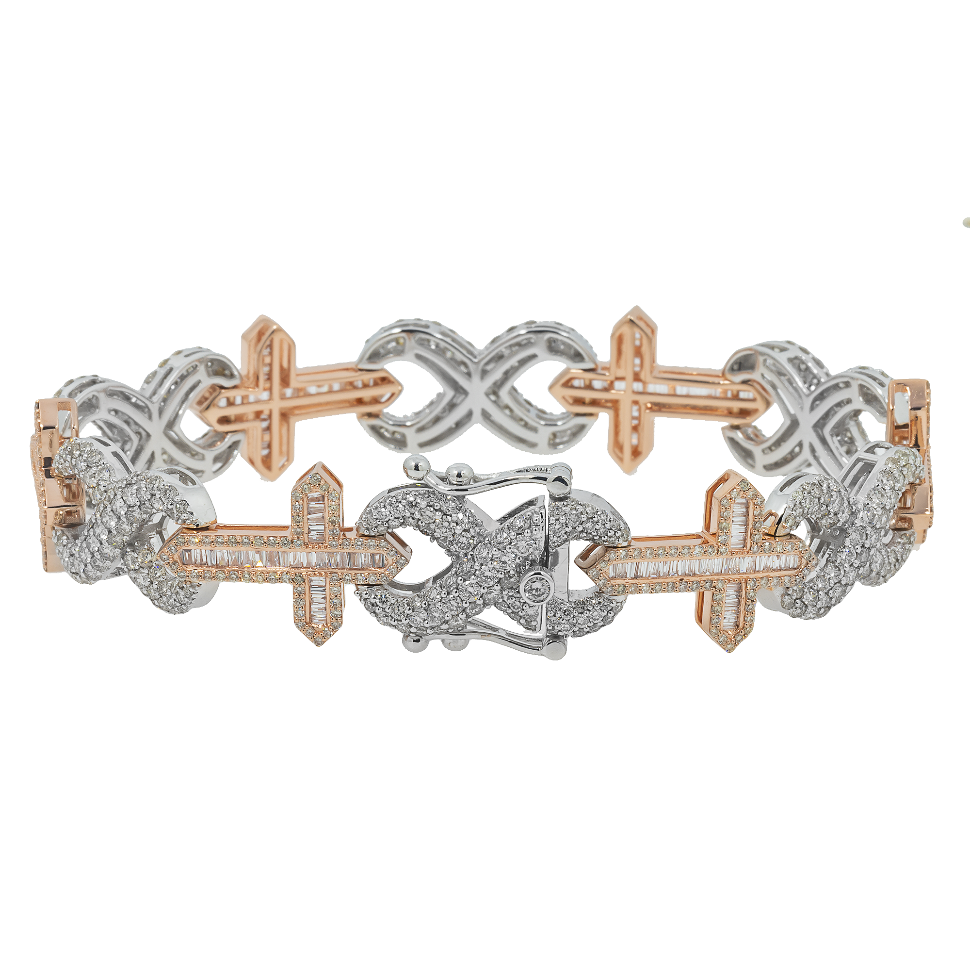 10K GOLD TWO TONE BAGUETTE AND ROUND DIAMONDS 12MM CROSS INFINITY CHAIN BRACELET 8.97 CT
