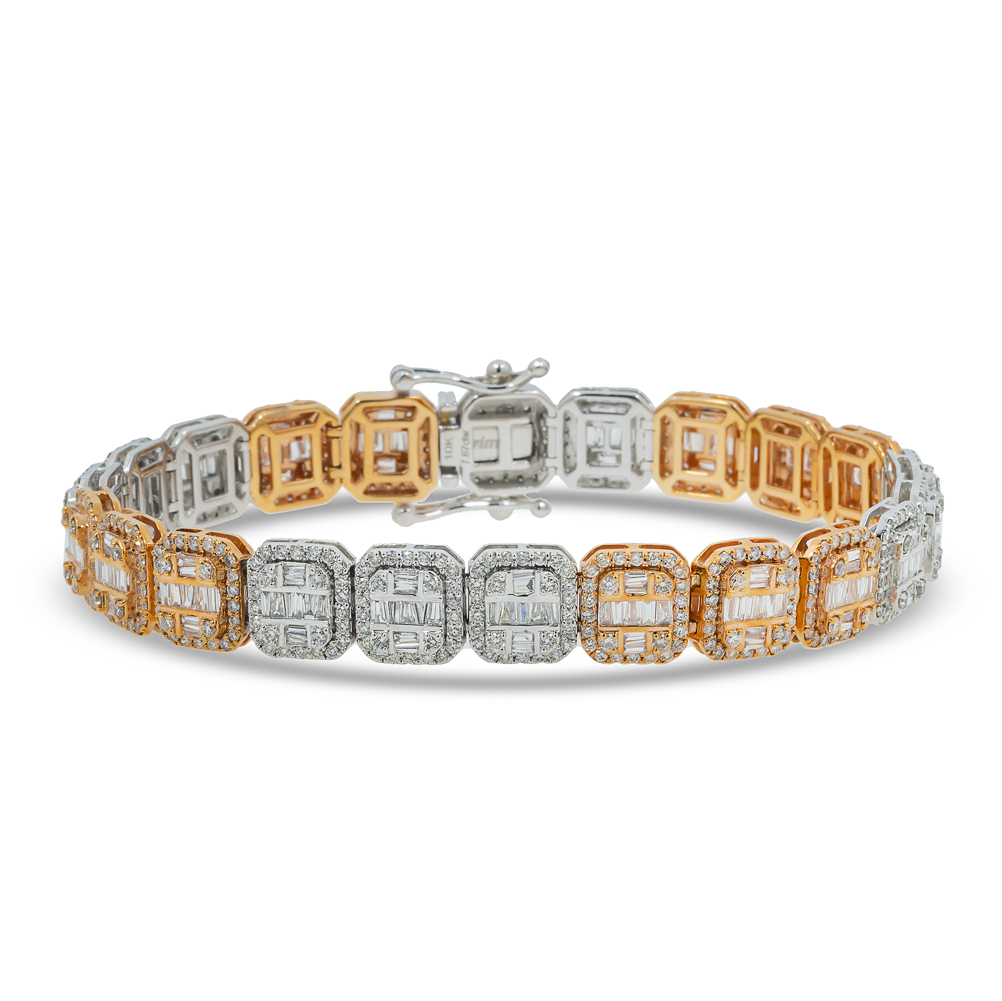 10K GOLD BAGUETTE AND ROUND DIAMONDS 10MM BRACELET 7.67 CT