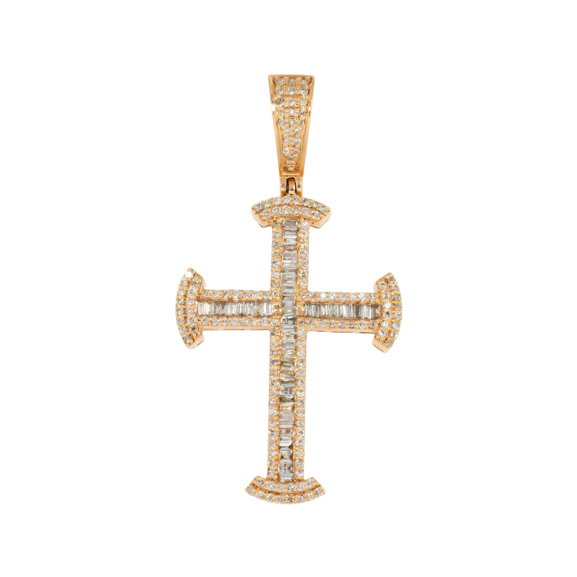 10K GOLD BAGUETTE AND ROUND DIAMOND CROSS PENDANT 0.86 CT