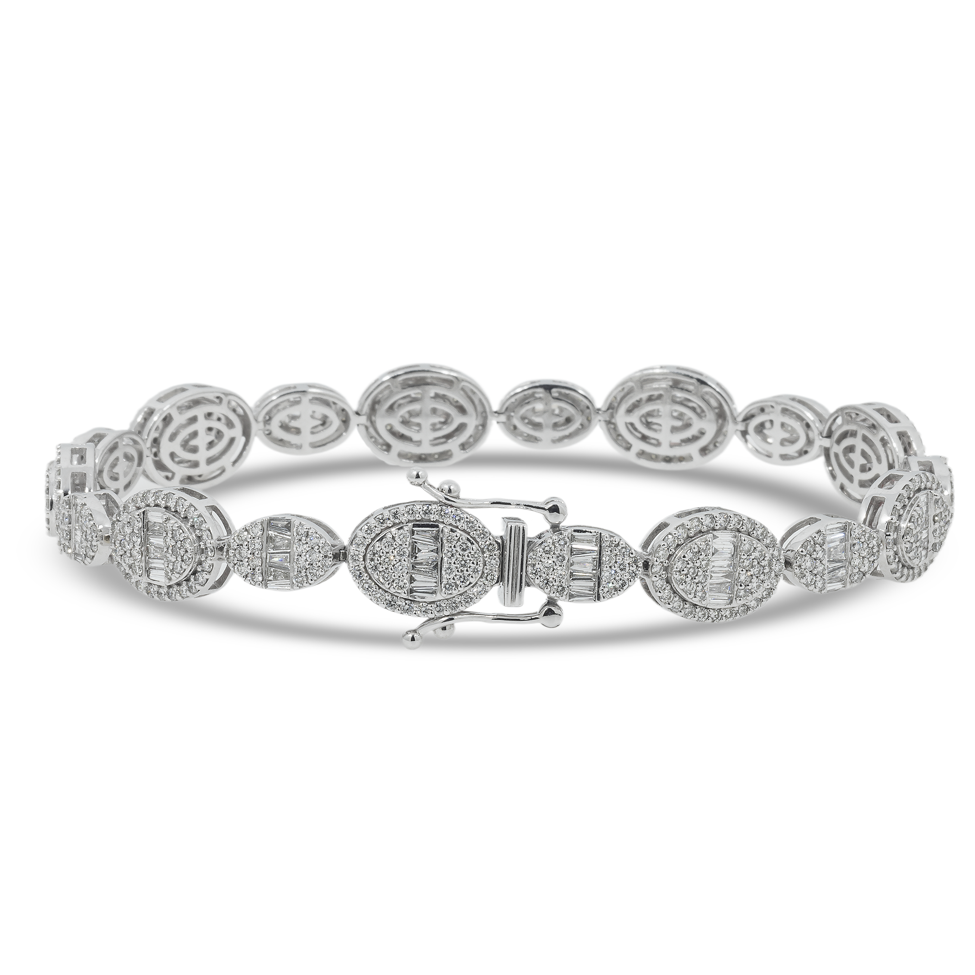 10K GOLD BAGUETTE AND ROUND DIAMONDS OVAL HALO BRACELET 5.98 CT