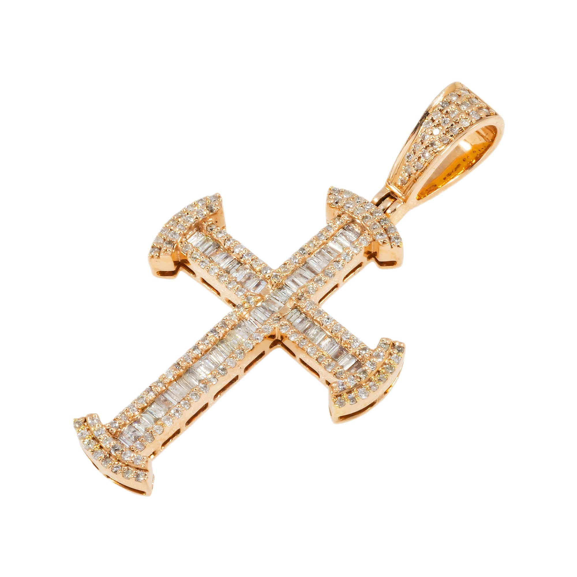 10K GOLD BAGUETTE AND ROUND DIAMOND CROSS PENDANT 0.86 CT