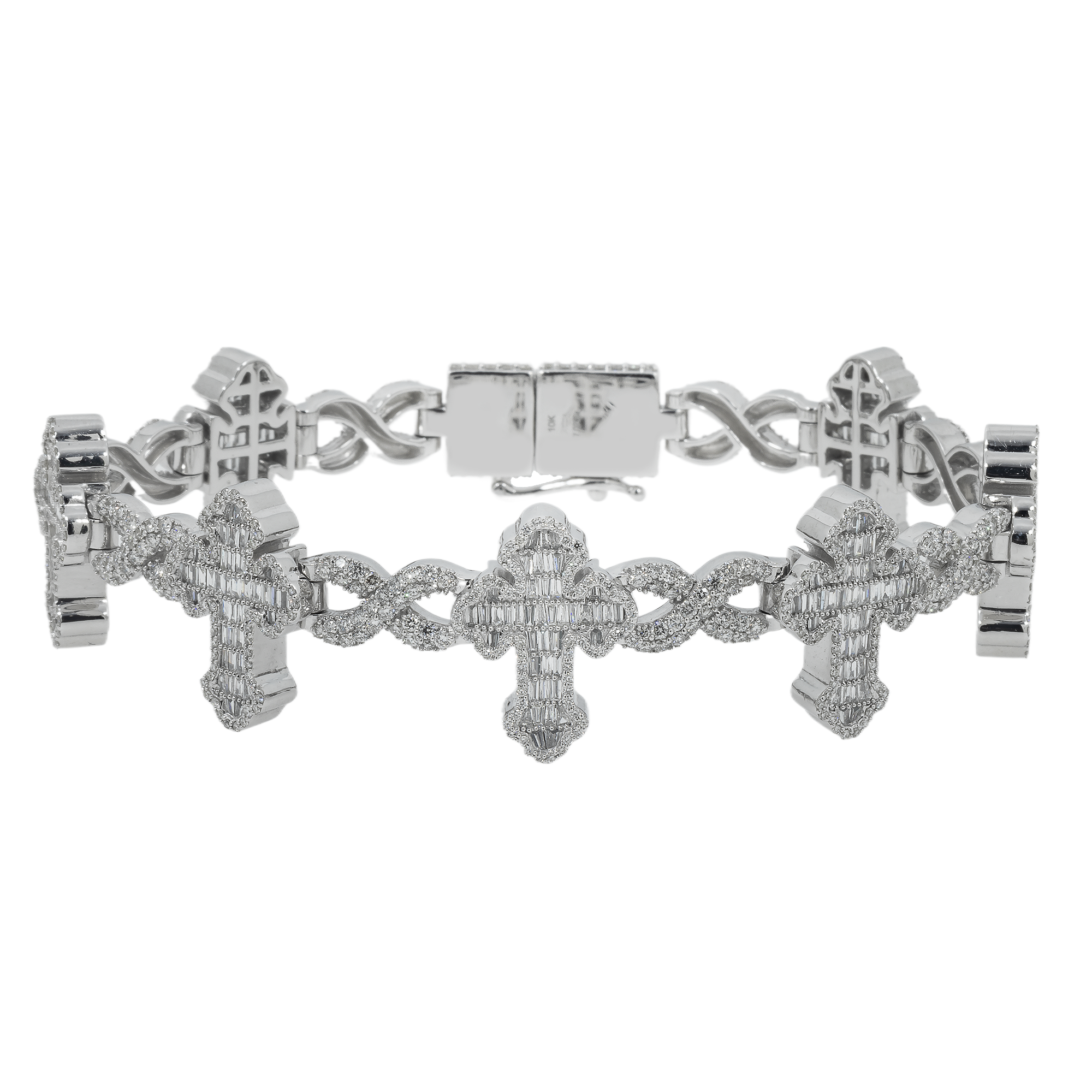 10K GOLD BAGUETTE AND ROUND DIAMONDS CROSS INFINITY CHAIN BRACELET 7.55 CT