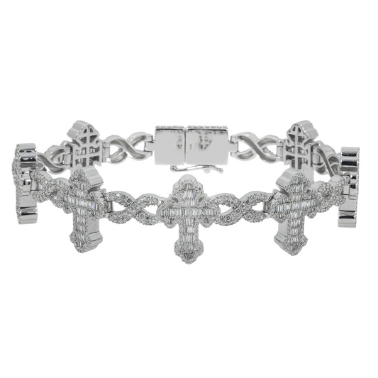 10K GOLD BAGUETTE AND ROUND DIAMONDS CROSS INFINITY CHAIN BRACELET 7.55 CT