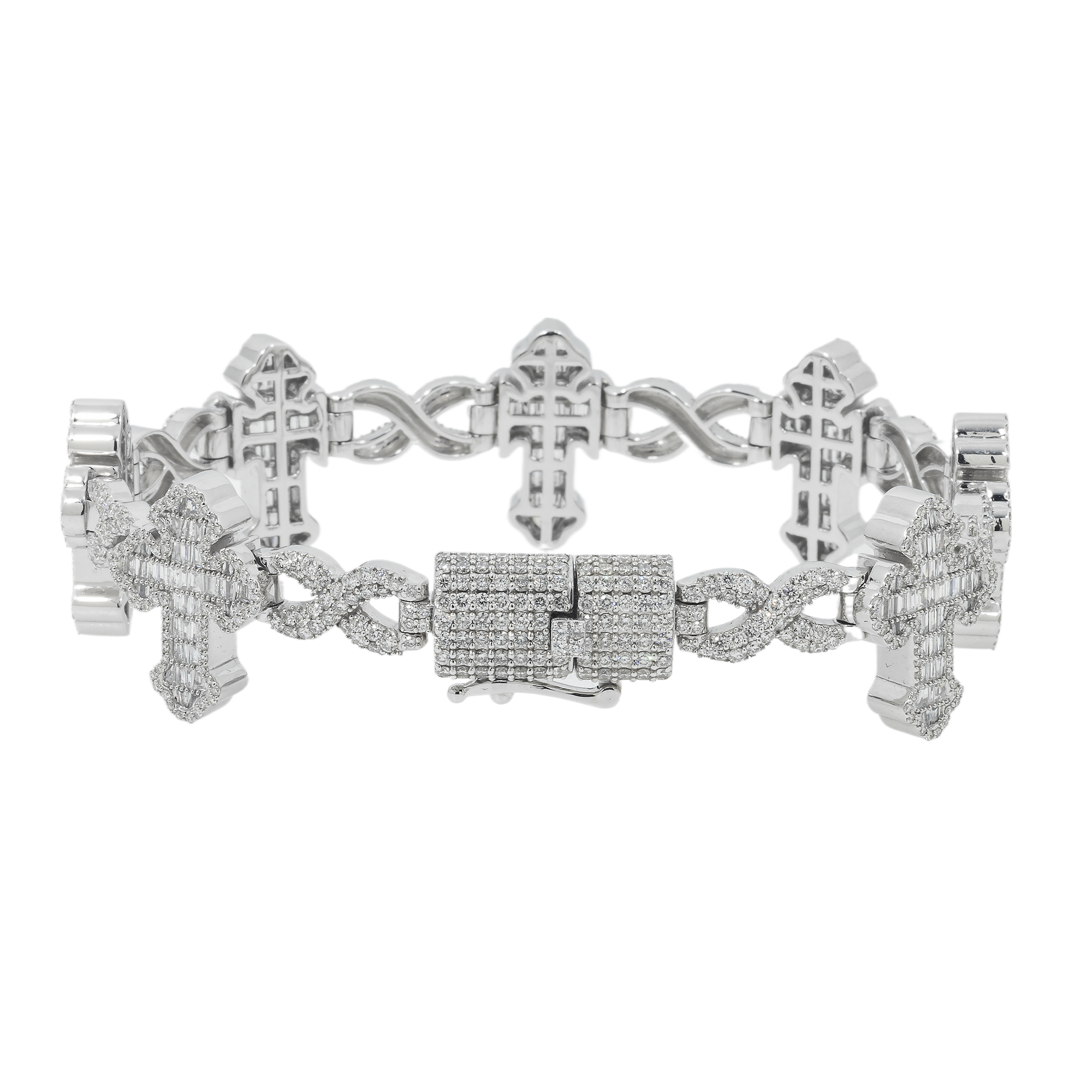 10K GOLD BAGUETTE AND ROUND DIAMONDS CROSS INFINITY CHAIN BRACELET 7.55 CT