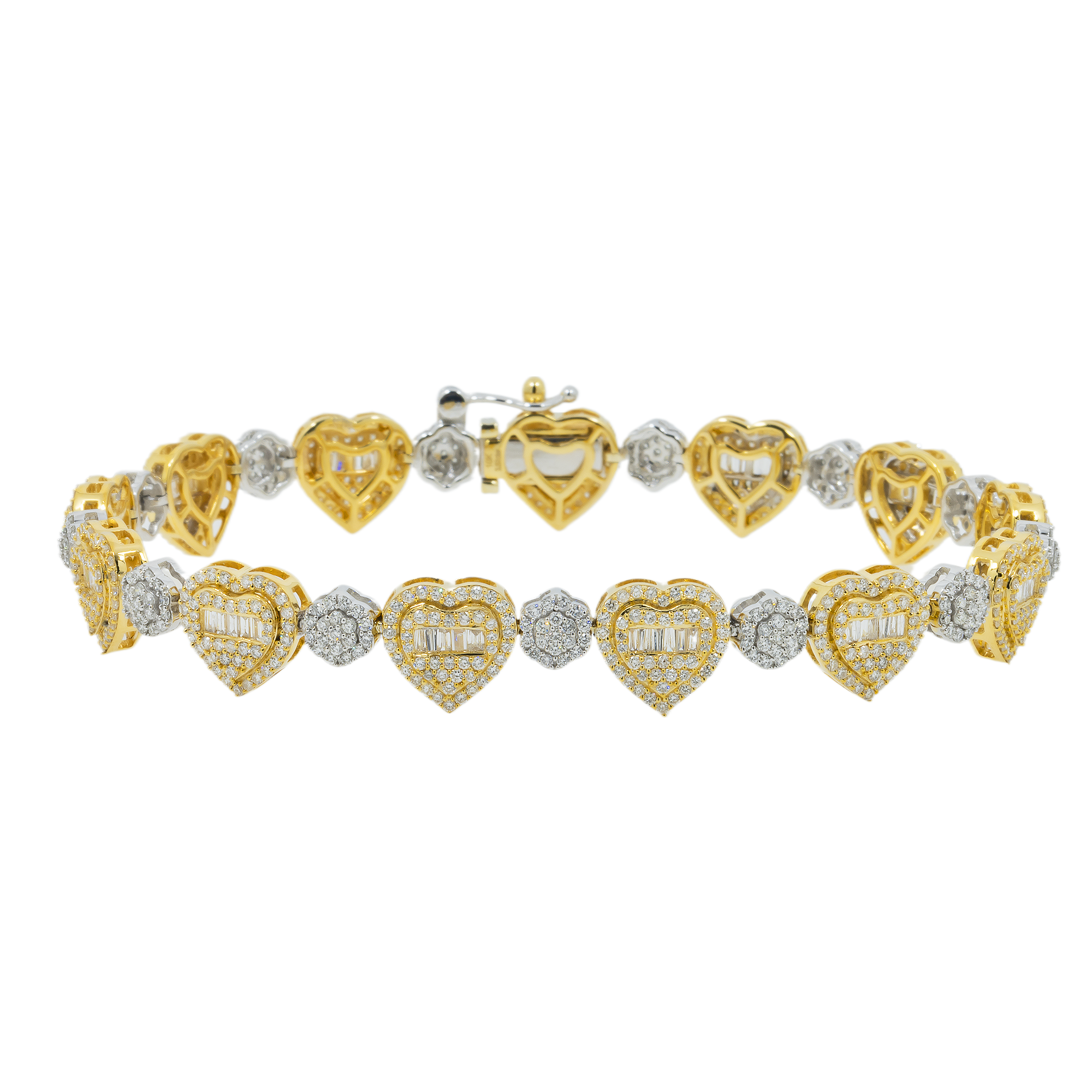 10K GOLD BAGUETTE AND ROUND DIAMONDS 9MM HEART BRACELET 3.52 CT