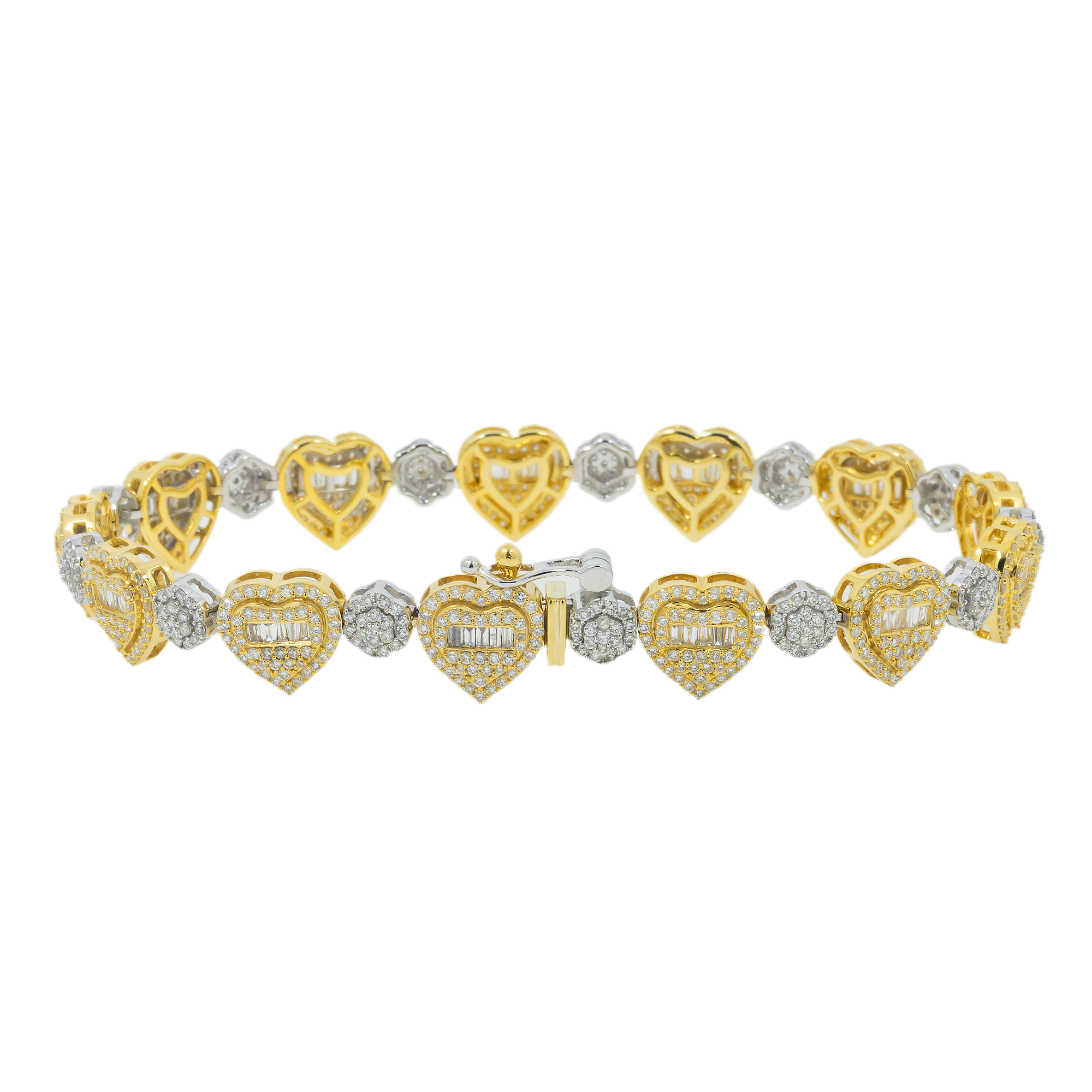 10K GOLD BAGUETTE AND ROUND DIAMONDS 9MM HEART BRACELET 3.52 CT
