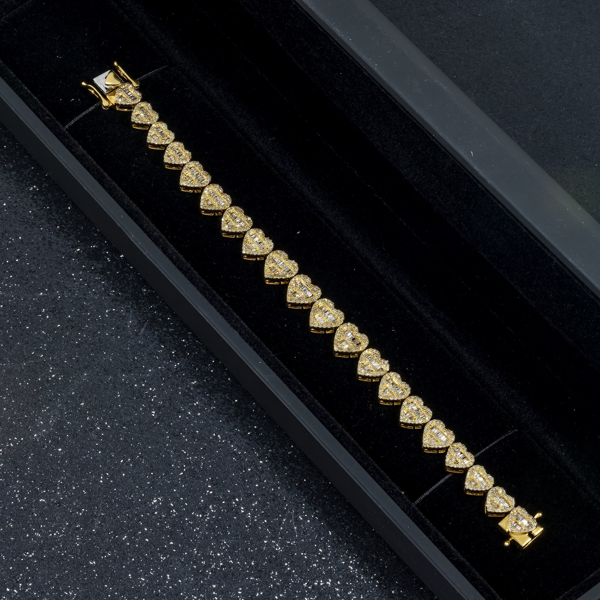 10K GOLD BAGUETTE AND ROUND DIAMOND HEART CHAIN BRACELET 3.73 CT