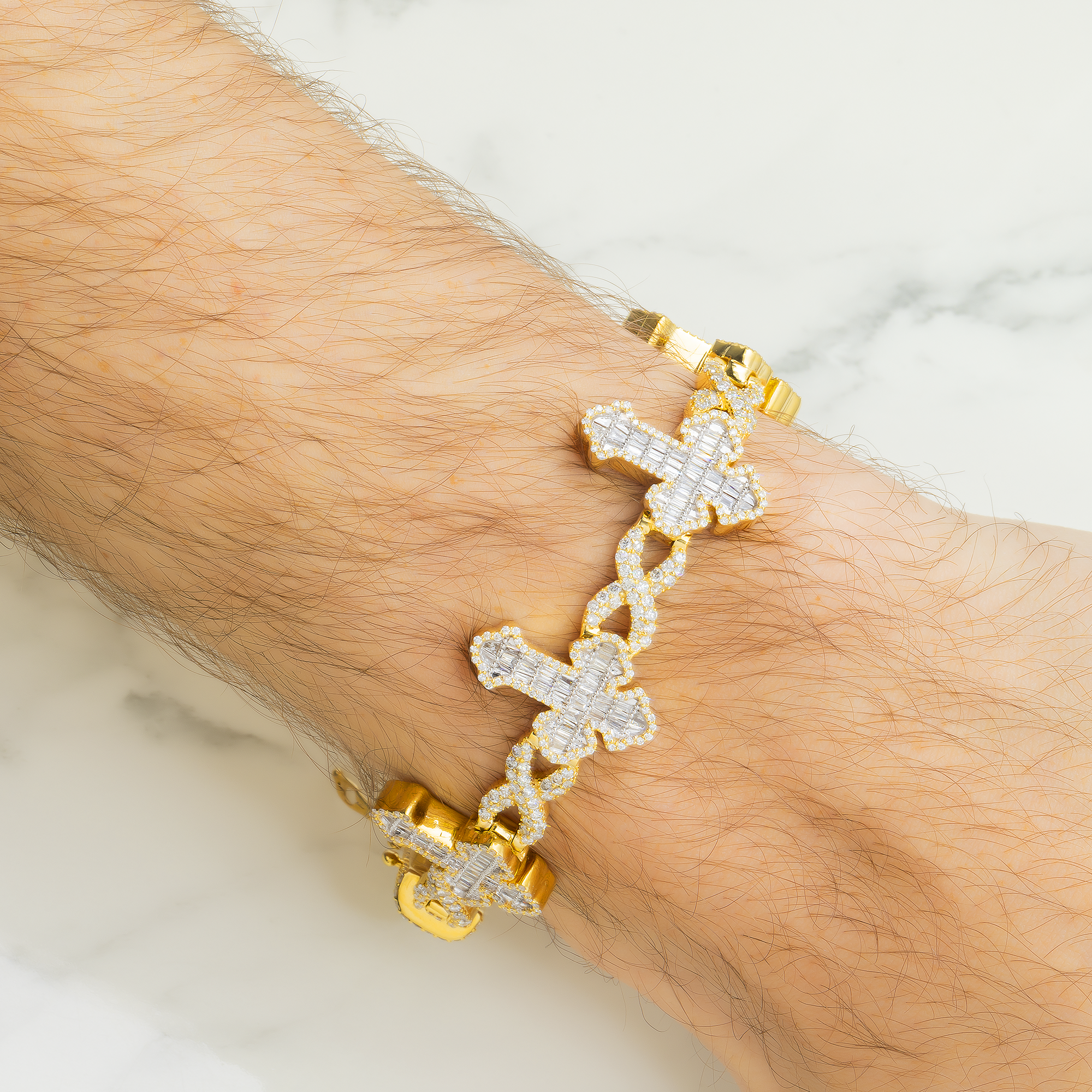 10K GOLD BAGUETTE AND ROUND DIAMONDS CROSS INFINITY CHAIN BRACELET 7.55 CT