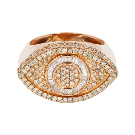 10K GOLD BAGUETTE AND ROUND DIAMOND EVIL EYE RING 2.43 CT