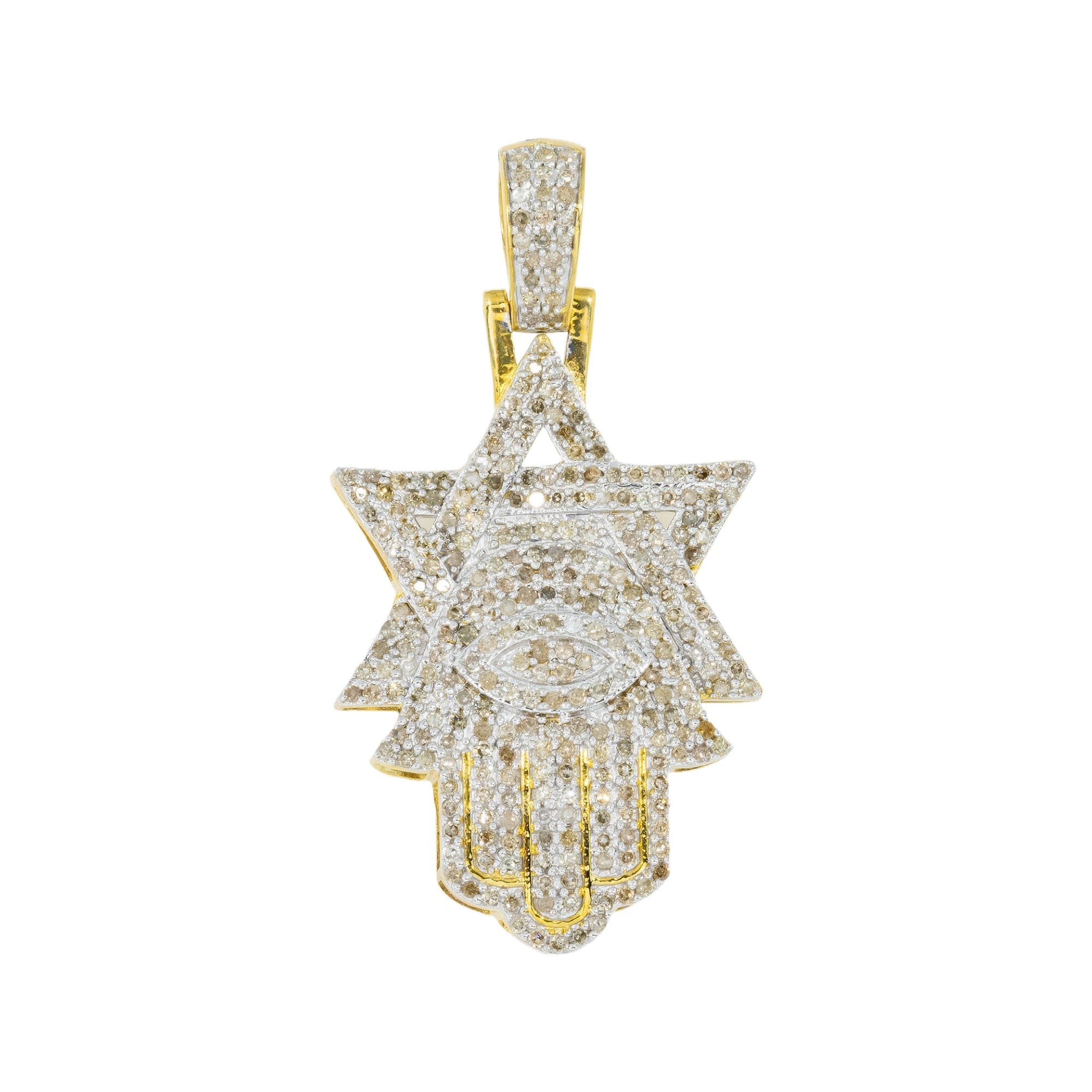 10K GOLD DIAMOND STAR OF DAVID AND HAMSA WITH EVIL EYE PENDANT 0.96 CT