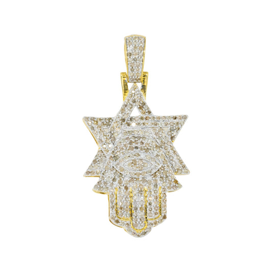 10K GOLD DIAMOND STAR OF DAVID AND HAMSA WITH EVIL EYE PENDANT 0.96 CT