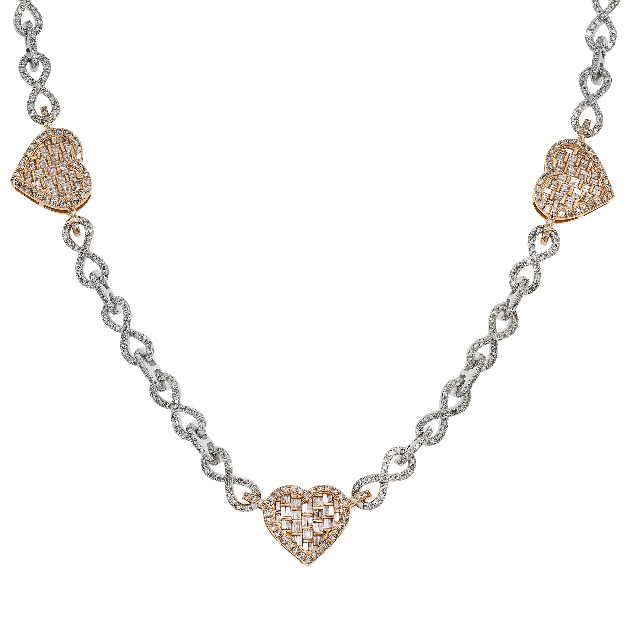 10K GOLD TWO TONE BAGUETTE AND ROUND DIAMOND INFINTY LINK HEART CHAIN 6.51 CT