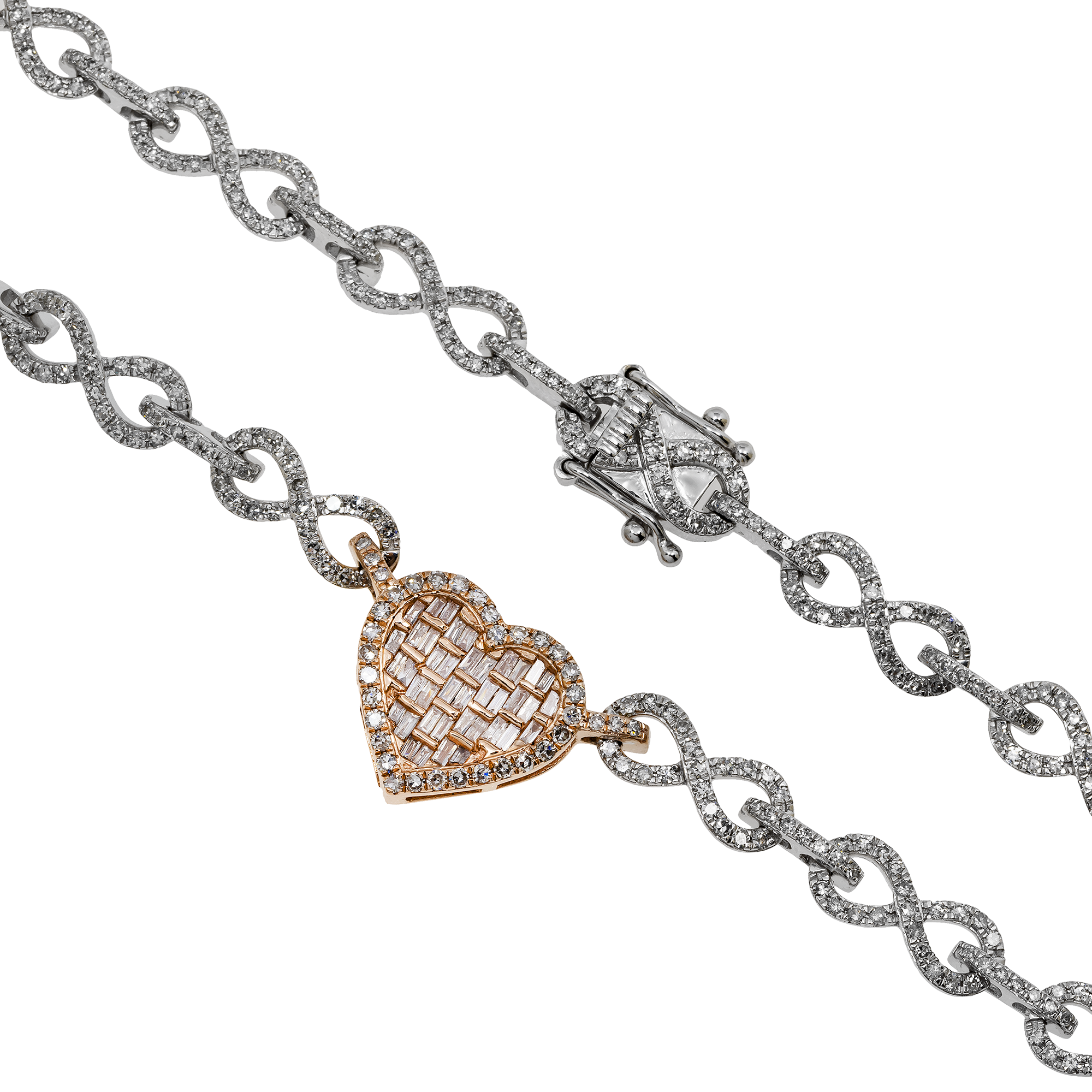 10K GOLD TWO TONE BAGUETTE AND ROUND DIAMOND INFINTY LINK HEART CHAIN 6.51 CT