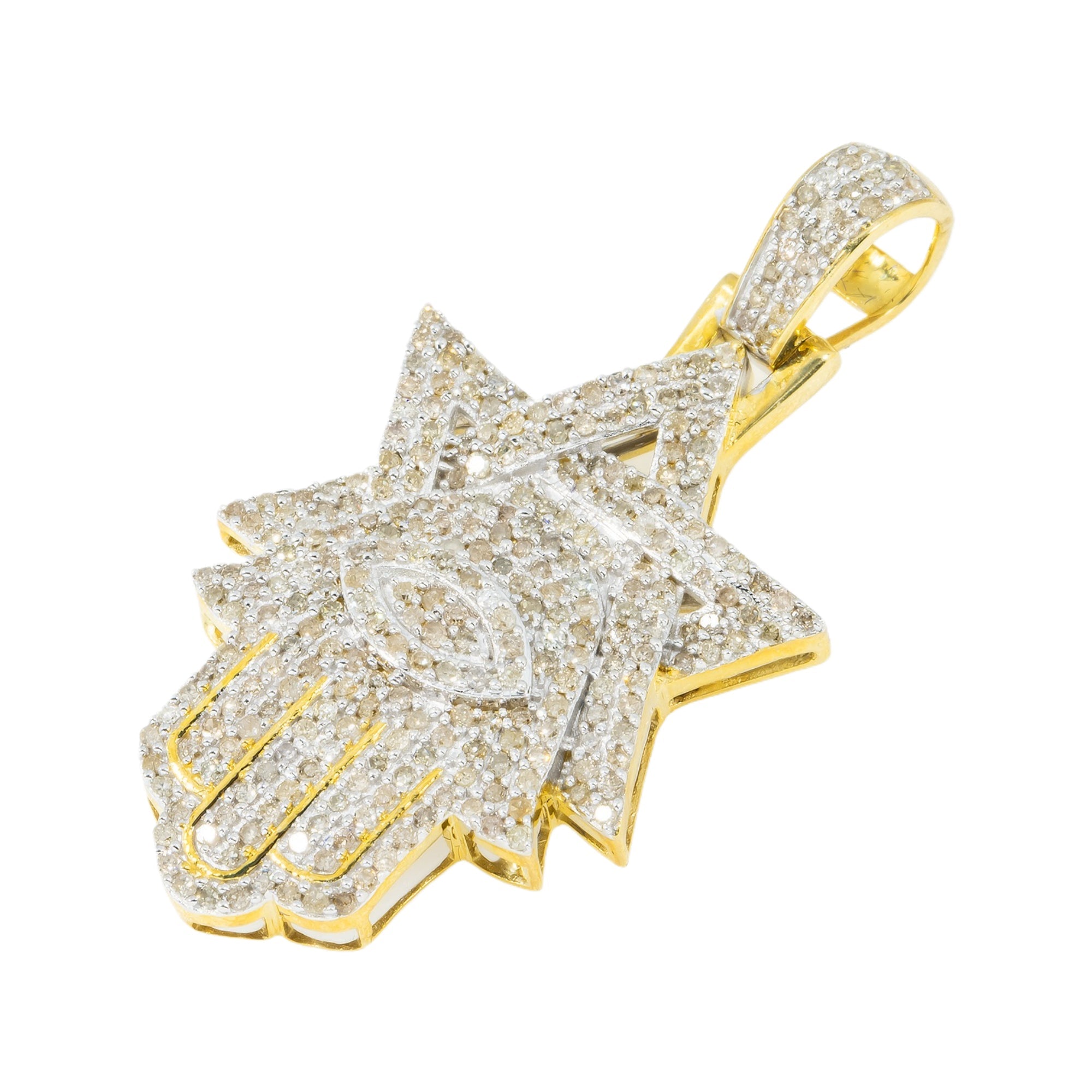 10K GOLD DIAMOND STAR OF DAVID AND HAMSA WITH EVIL EYE PENDANT 0.96 CT