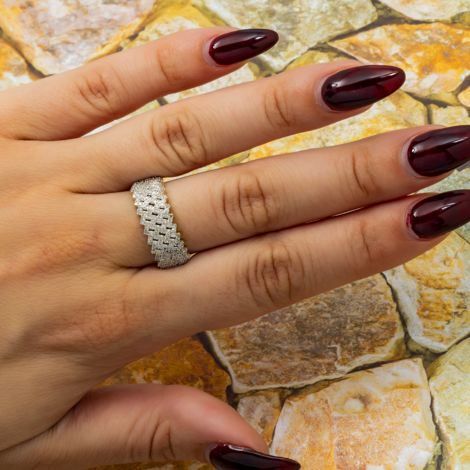 10K GOLD ROUND DIAMOND MULTIROW CUBAN LINK RING 0.45 CT